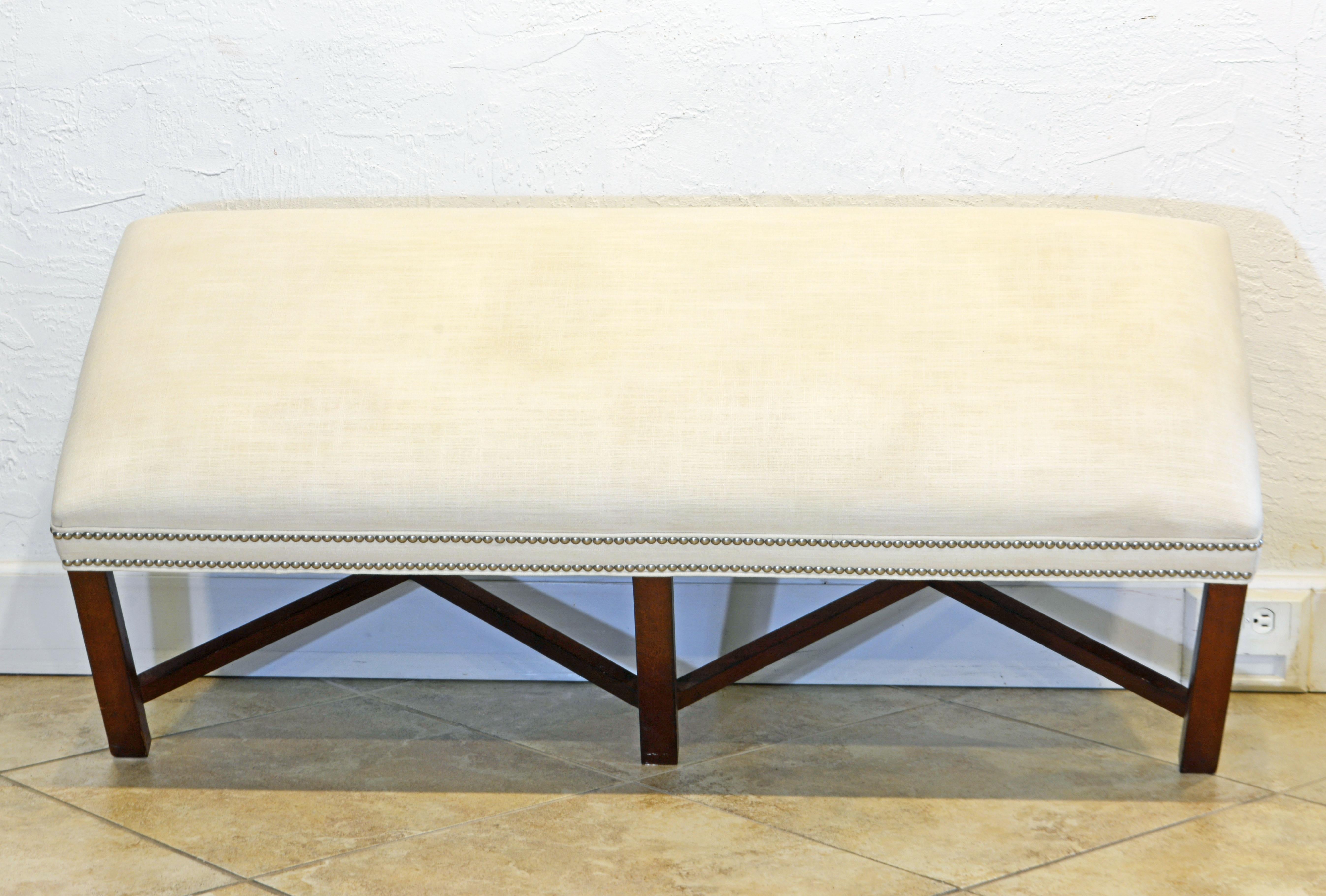 Chippendale Style Upholstered X-Stretcher Mahogany Bench of Generous Proportions In Good Condition In Ft. Lauderdale, FL
