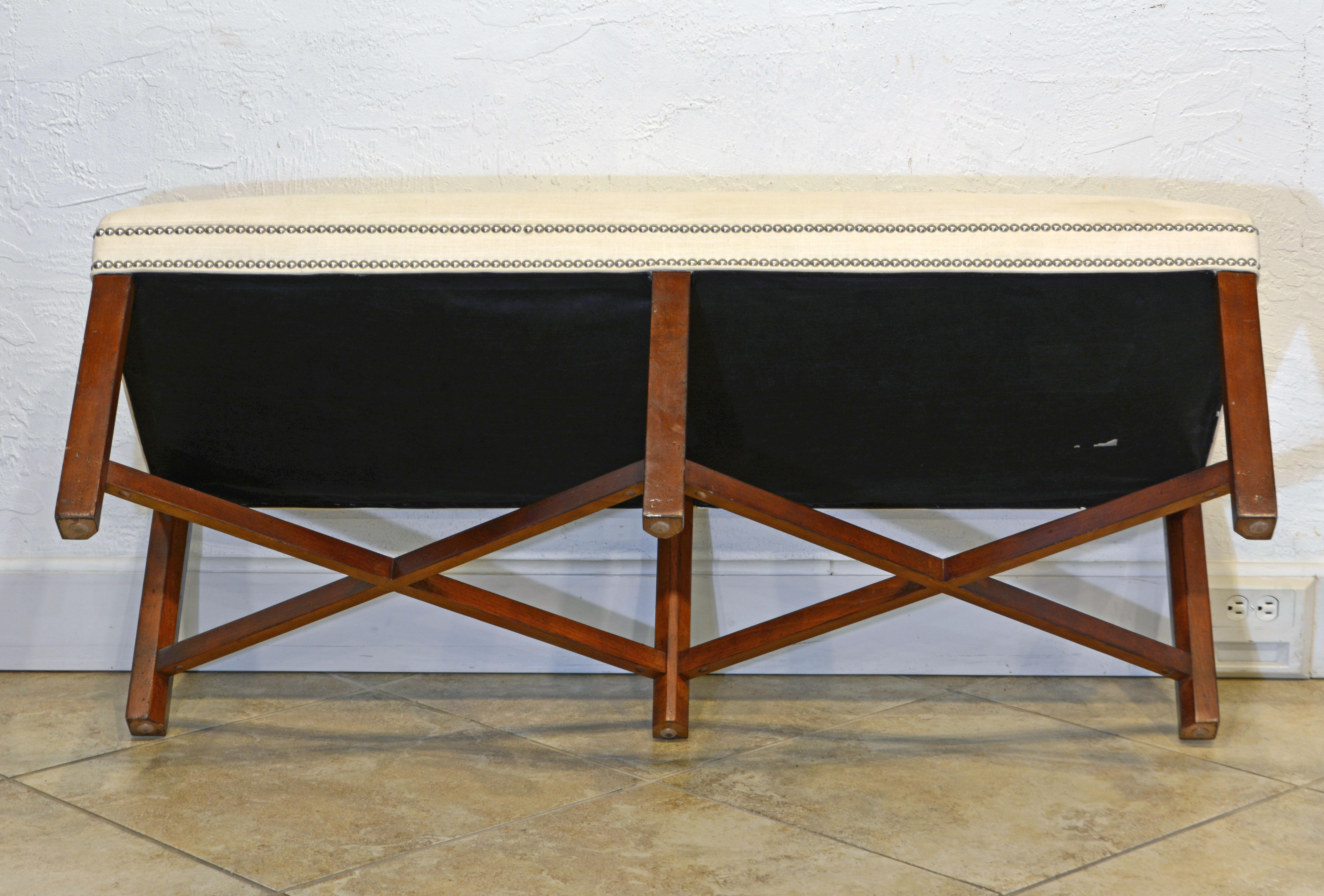 Chippendale Style Upholstered X-Stretcher Mahogany Bench of Generous Proportions 1
