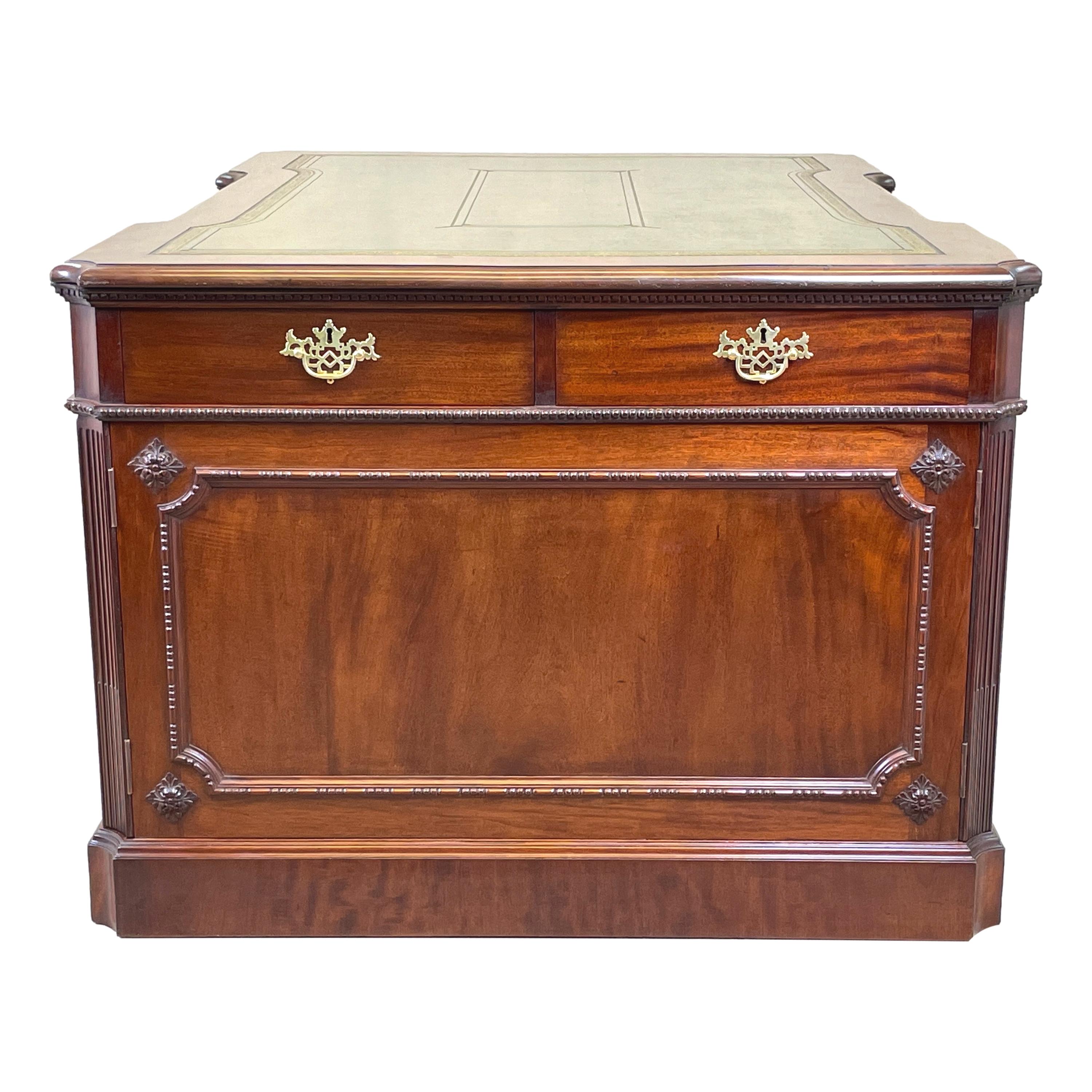 19th Century Chippendale Style Walnut Pedestal Partners Desk