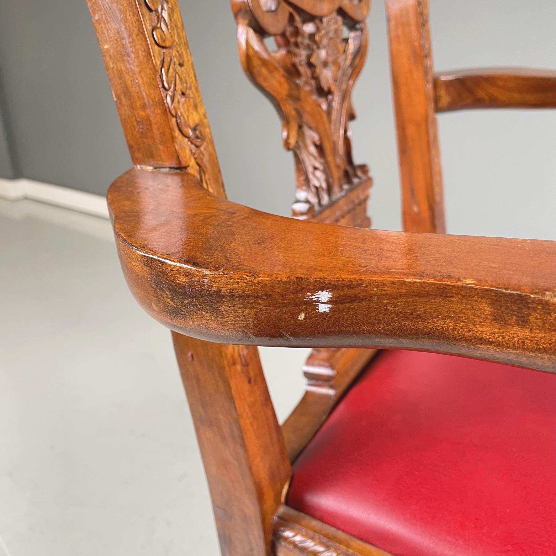 Chippendale Style Wooden Chairs with Red Leather, Early 1900s For Sale 10