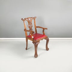 Chippendale Style Wooden Chairs with Red Leather, Early 1900s