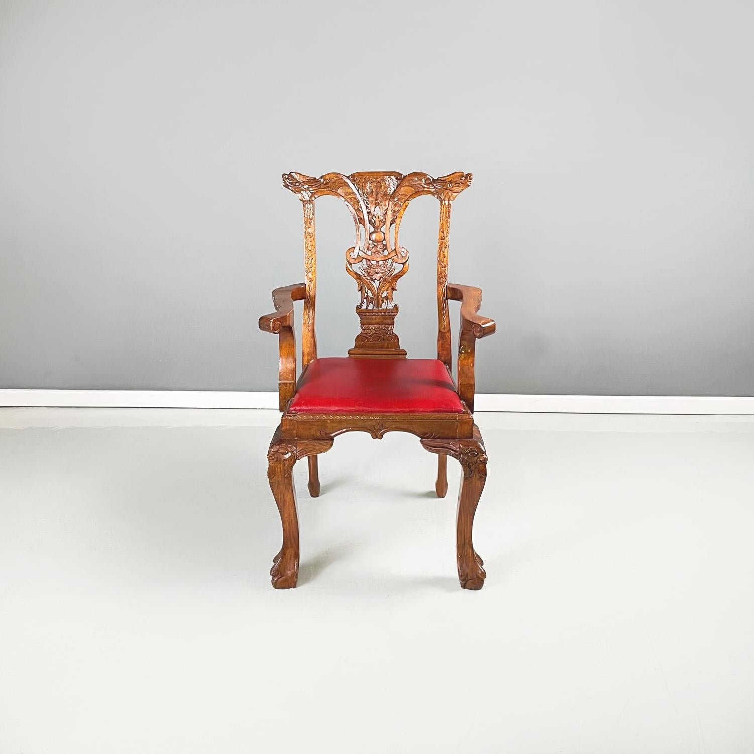 Holzstühle im Chippendale-Stil mit rotem Leder, frühe 1900er Jahre im Zustand „Gut“ im Angebot in MIlano, IT