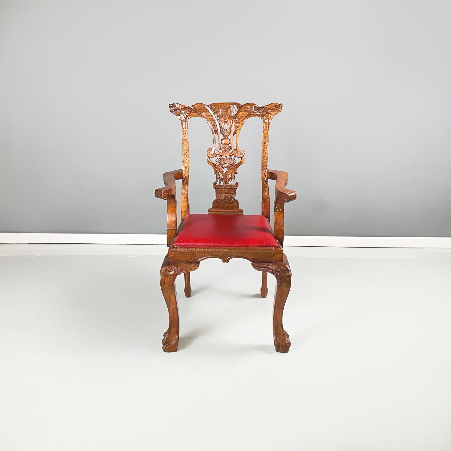 Chippendale Style Wooden Chairs with Red Leather, Early 1900s In Good Condition For Sale In MIlano, IT