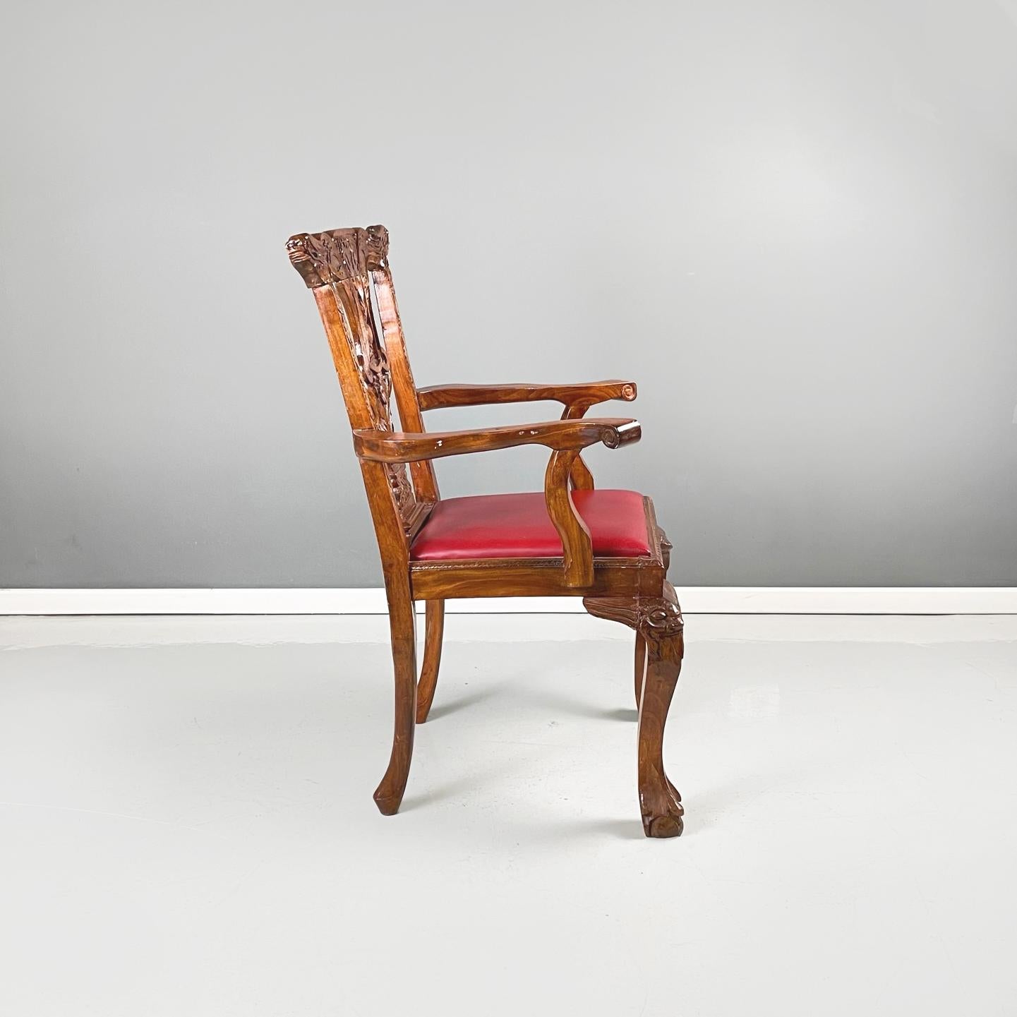 Chippendale Style Wooden Chairs with Red Leather, Early 1900s In Good Condition For Sale In MIlano, IT