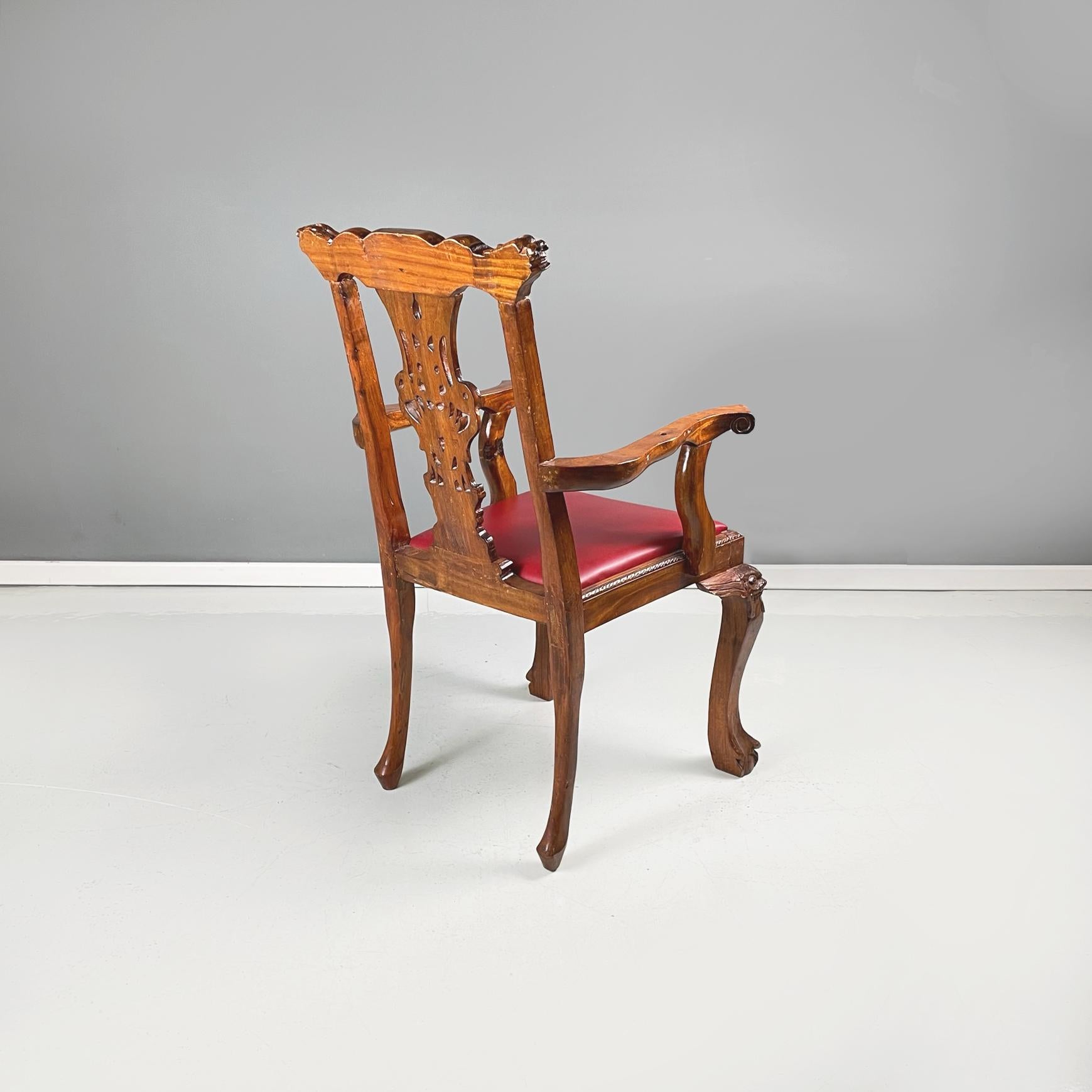 Early 20th Century Chippendale Style Wooden Chairs with Red Leather, Early 1900s For Sale