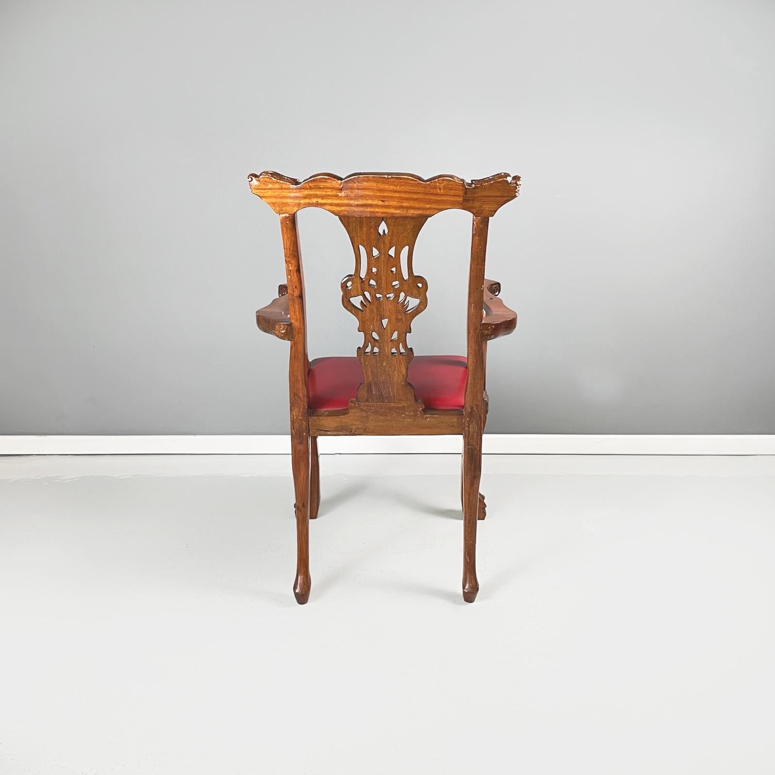 Chippendale Style Wooden Chairs with Red Leather, Early 1900s For Sale 2
