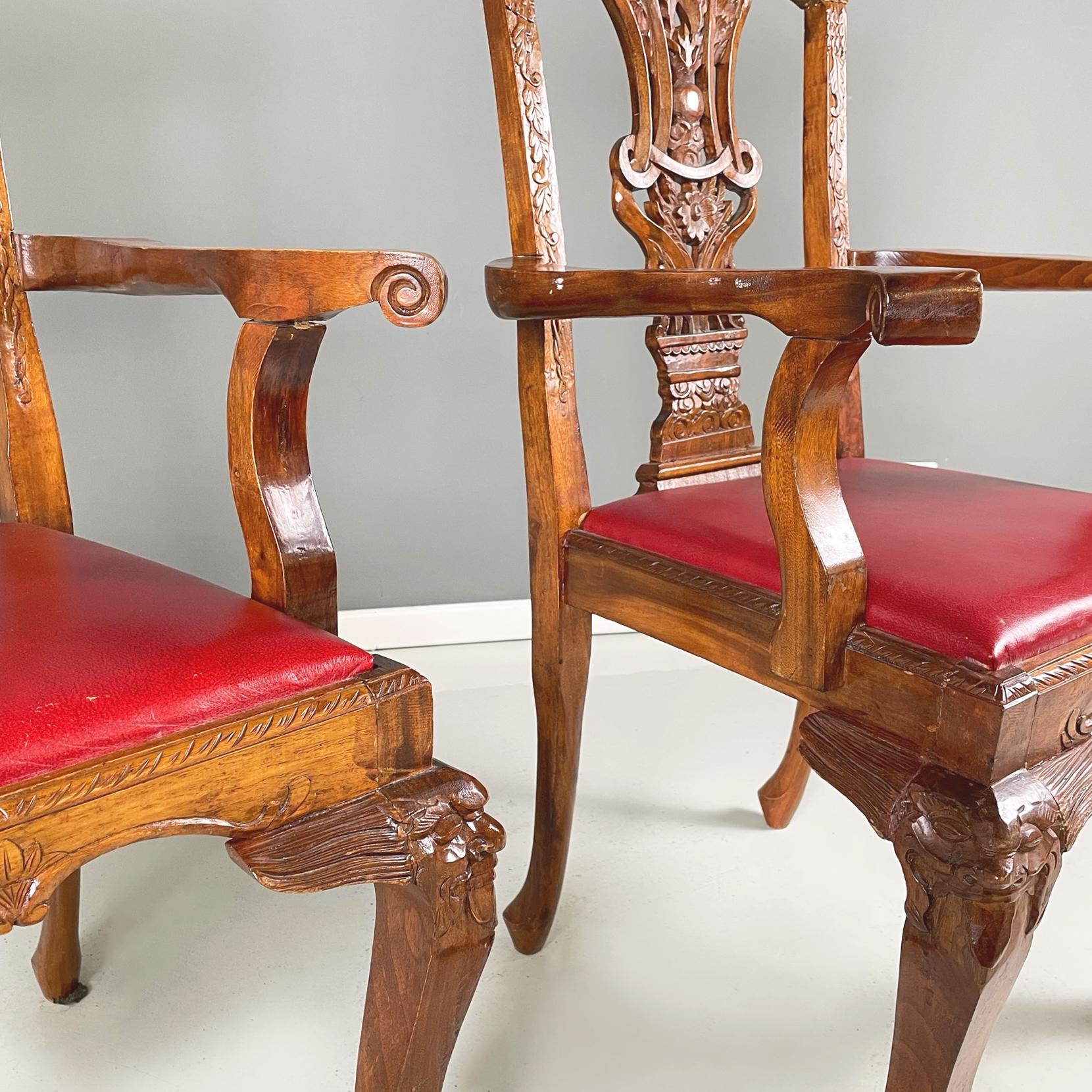 Chippendale Style Wooden Chairs with Red Leather, Early 1900s For Sale 3