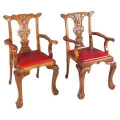 Antique Chippendale Style Wooden Chairs with Red Leather, Early 1900s