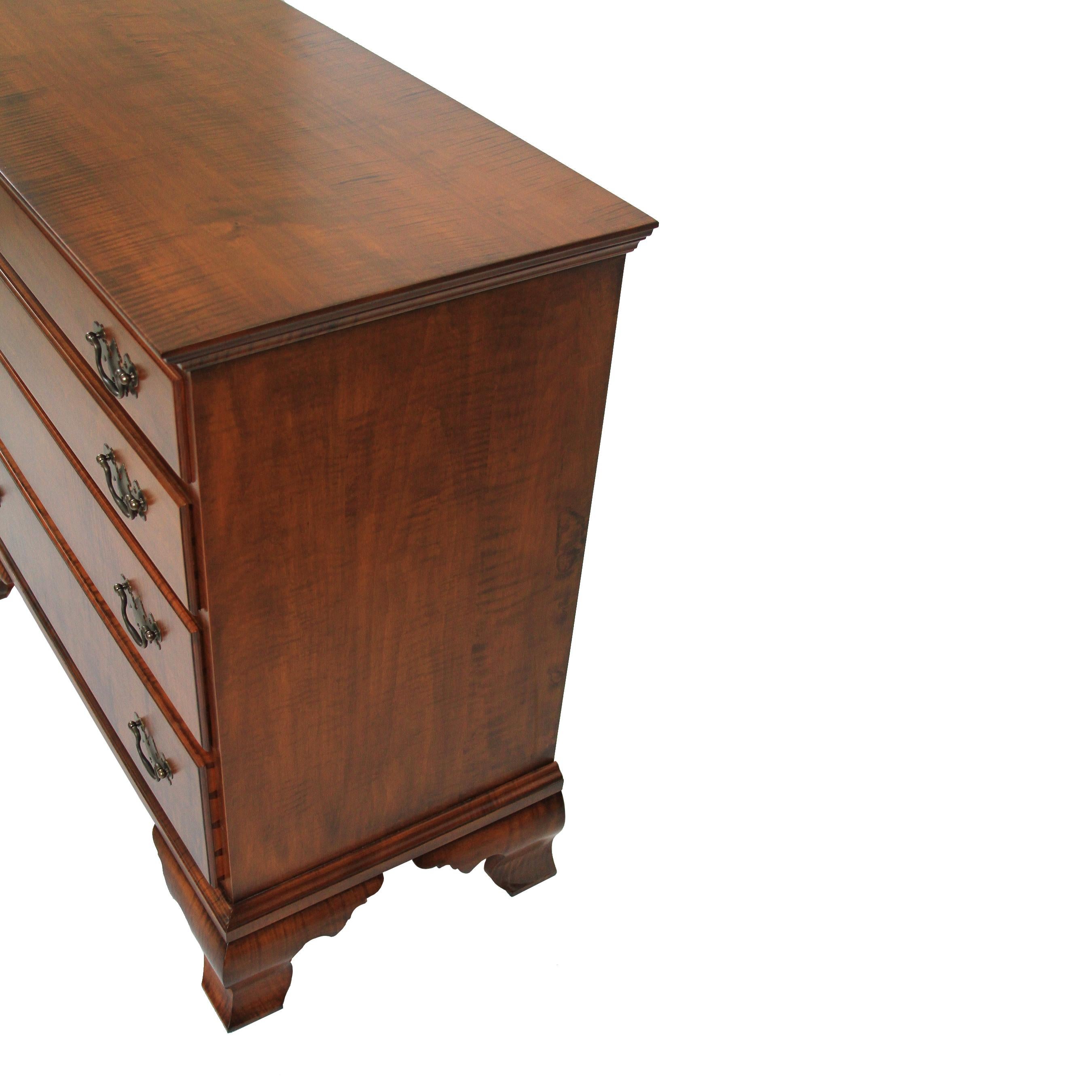 American Chippendale Tiger Maple Four Drawer Dresser by Scott James Furniture For Sale