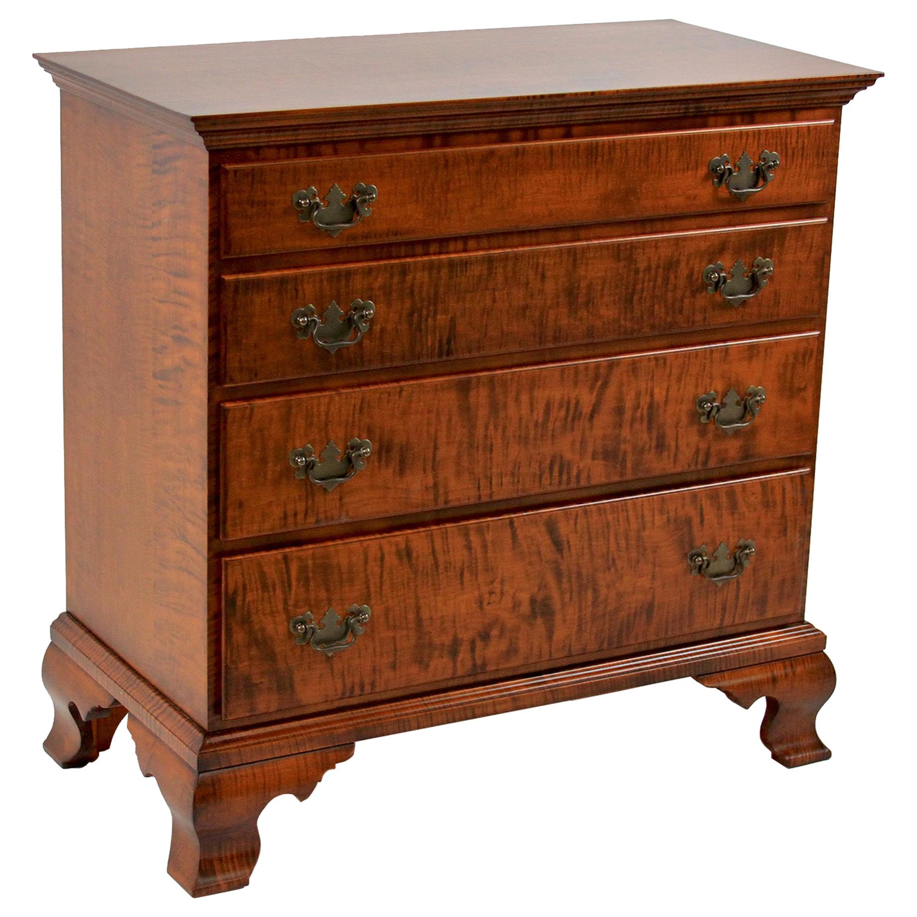 Chippendale Tiger Maple Four Drawer Dresser by Scott James Furniture For Sale