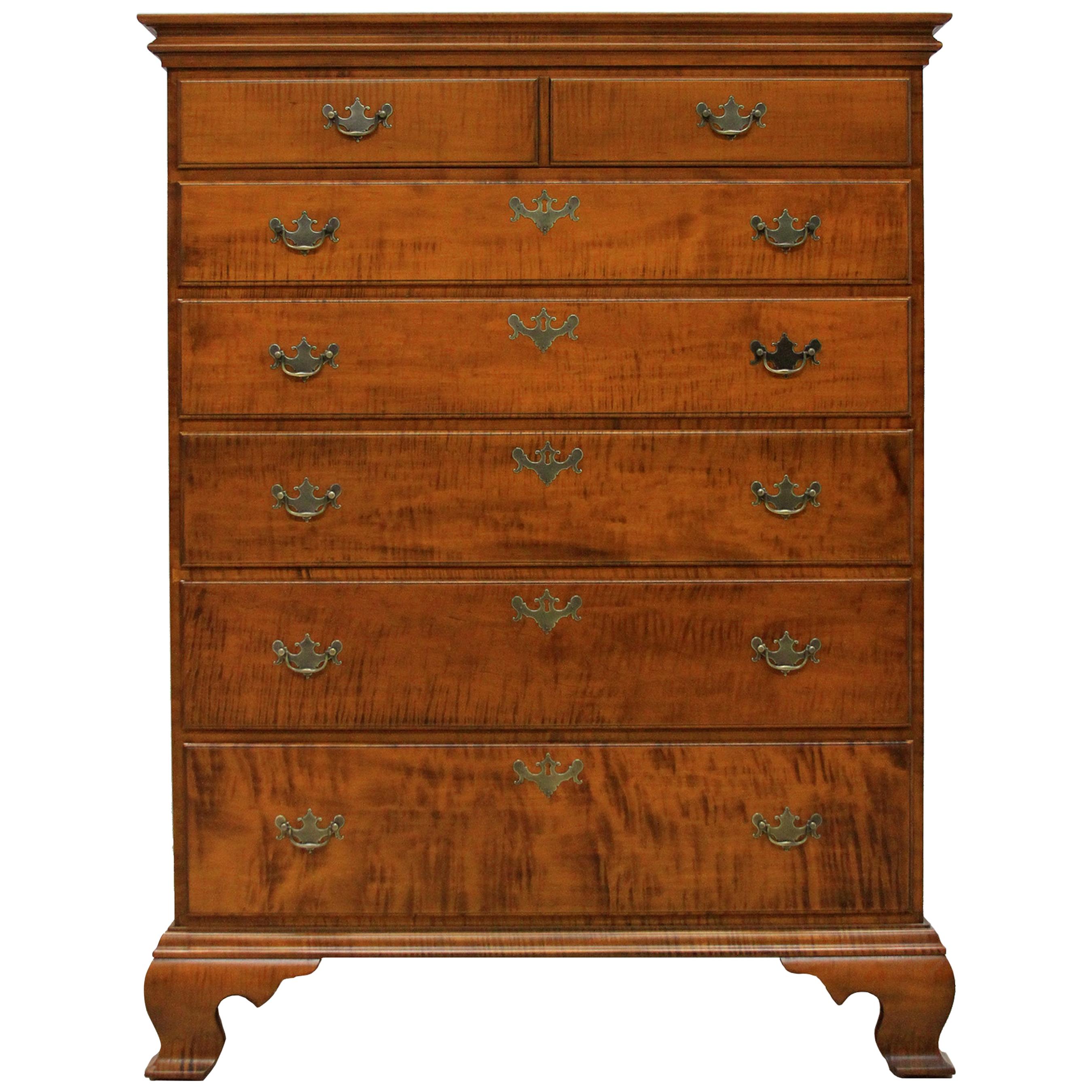 Chippendale Tiger Maple Six Drawer Dresser by Scott James Furniture For Sale