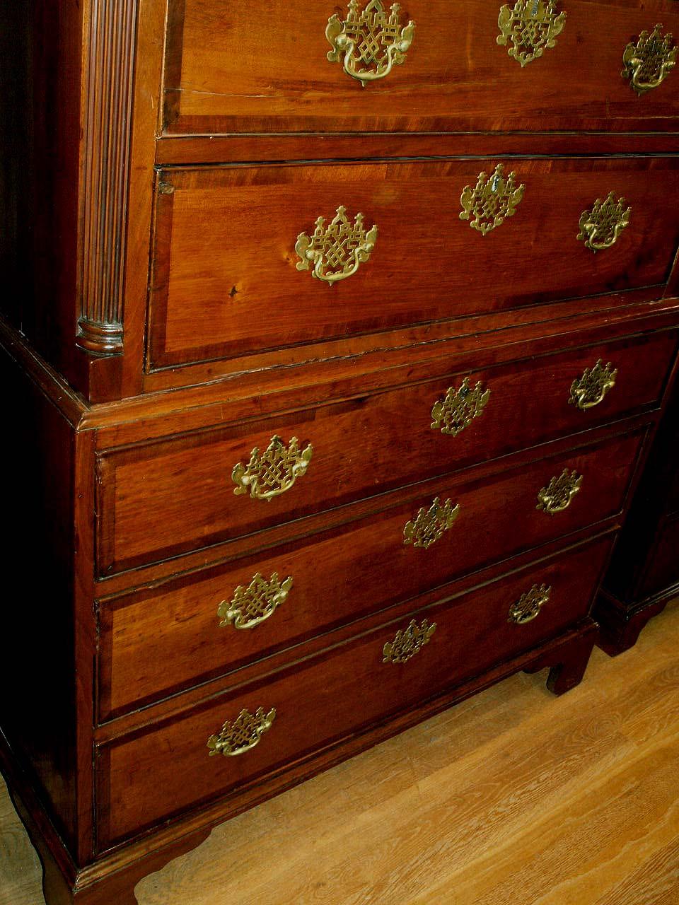 Brass Chippendale Walnut Chest on Chest For Sale
