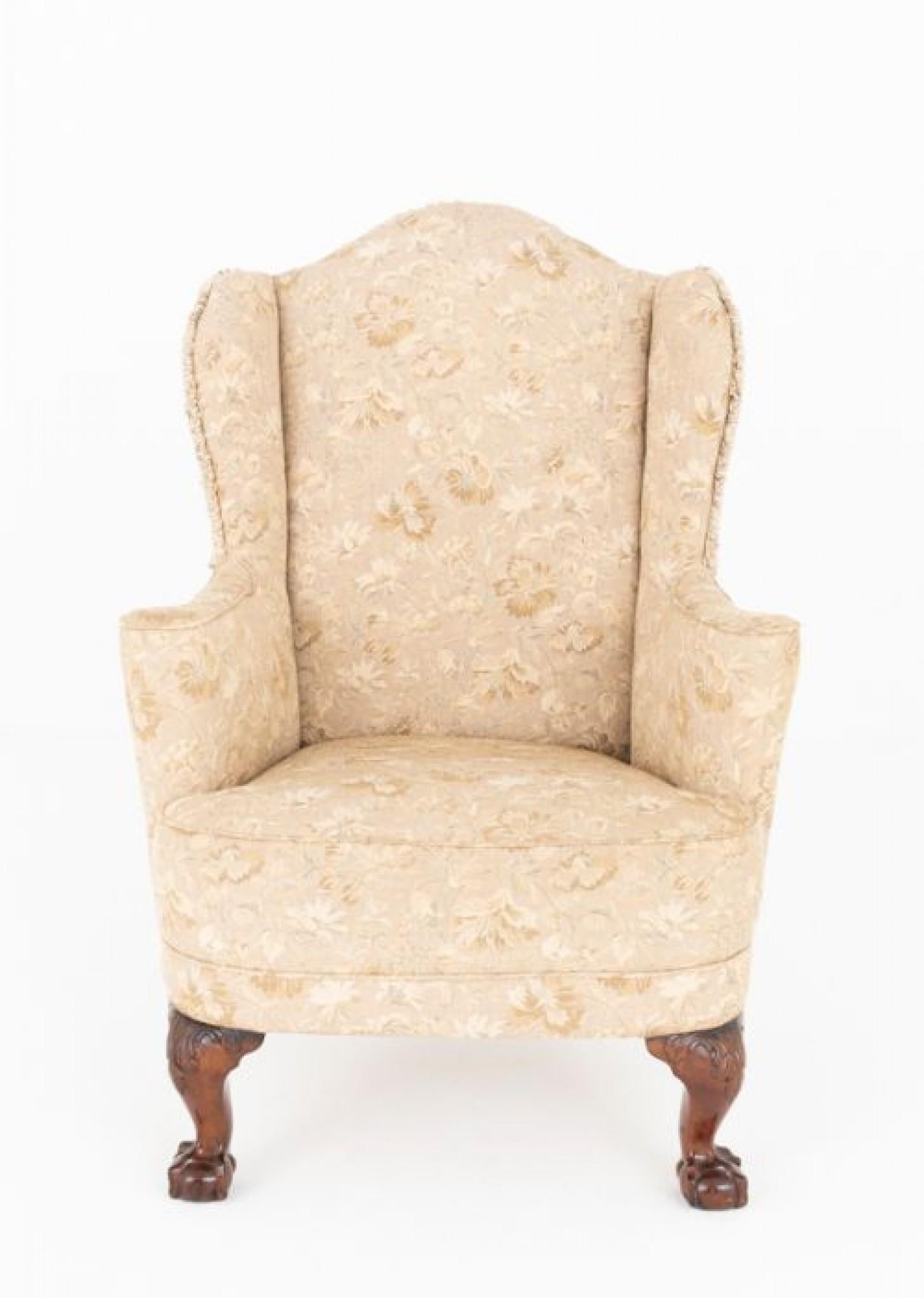 Wood Chippendale Wing Chair Antique 1880 Ball and Claw For Sale