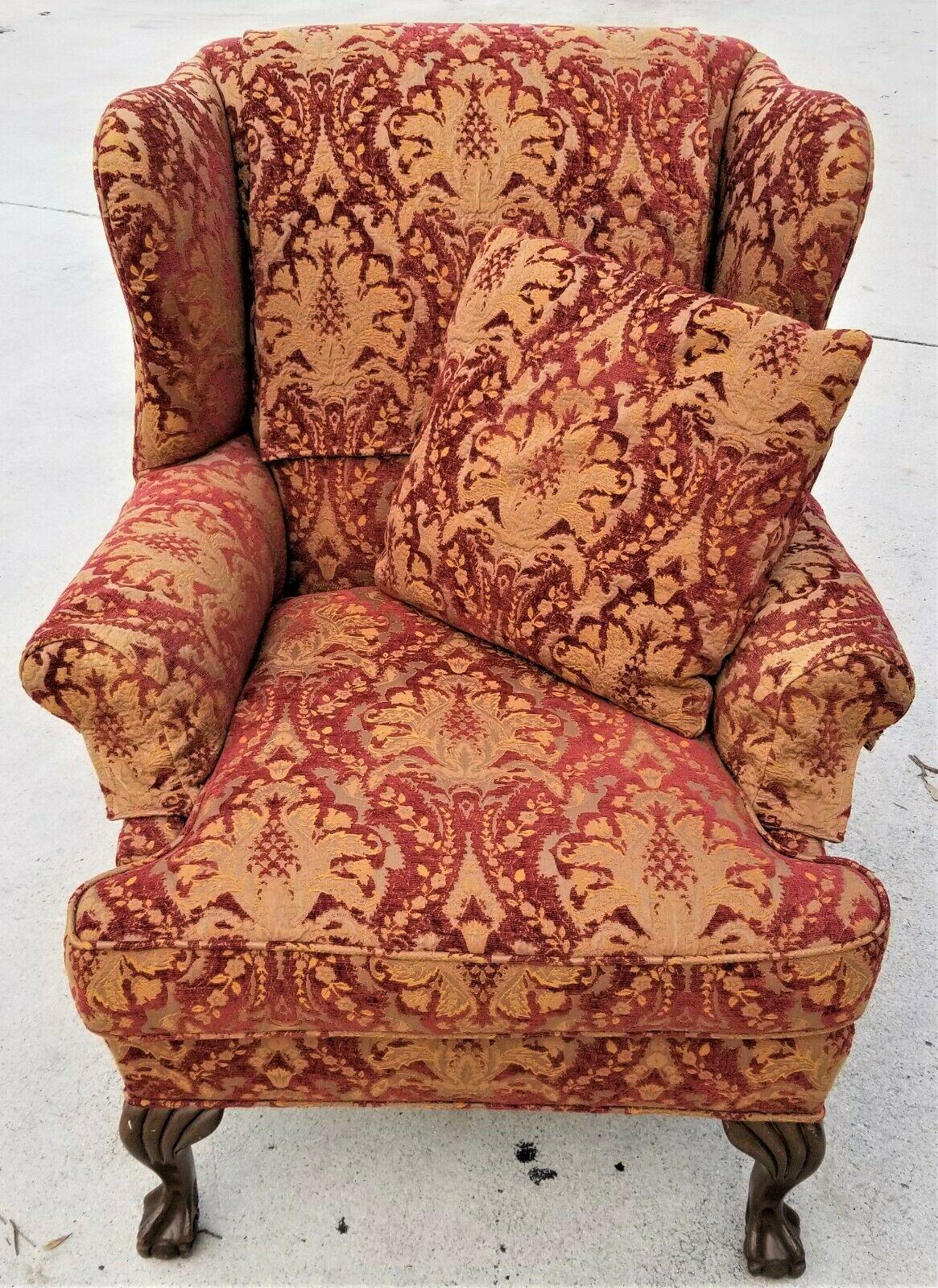 For FULL item description click on CONTINUE READING at the bottom of this page.

Offering One Of Our Recent Palm Beach Estate Fine Furniture Acquisitions Of A
Chippendale Wingback Burnout Velvet Damask Mahogany Ball & Claw Down