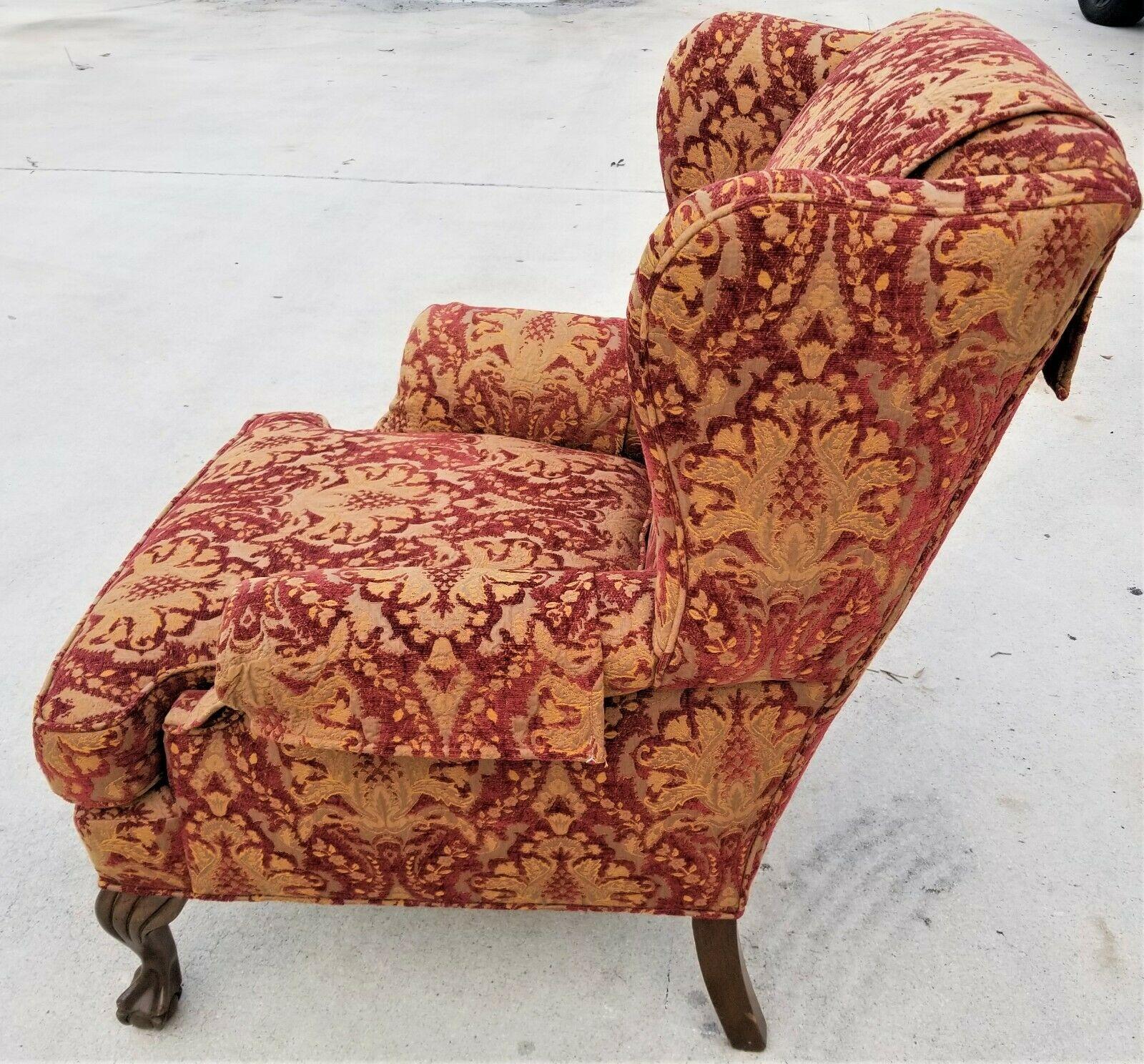 Late 20th Century Chippendale Wingback Damask Ball & Claw Down Armchair For Sale