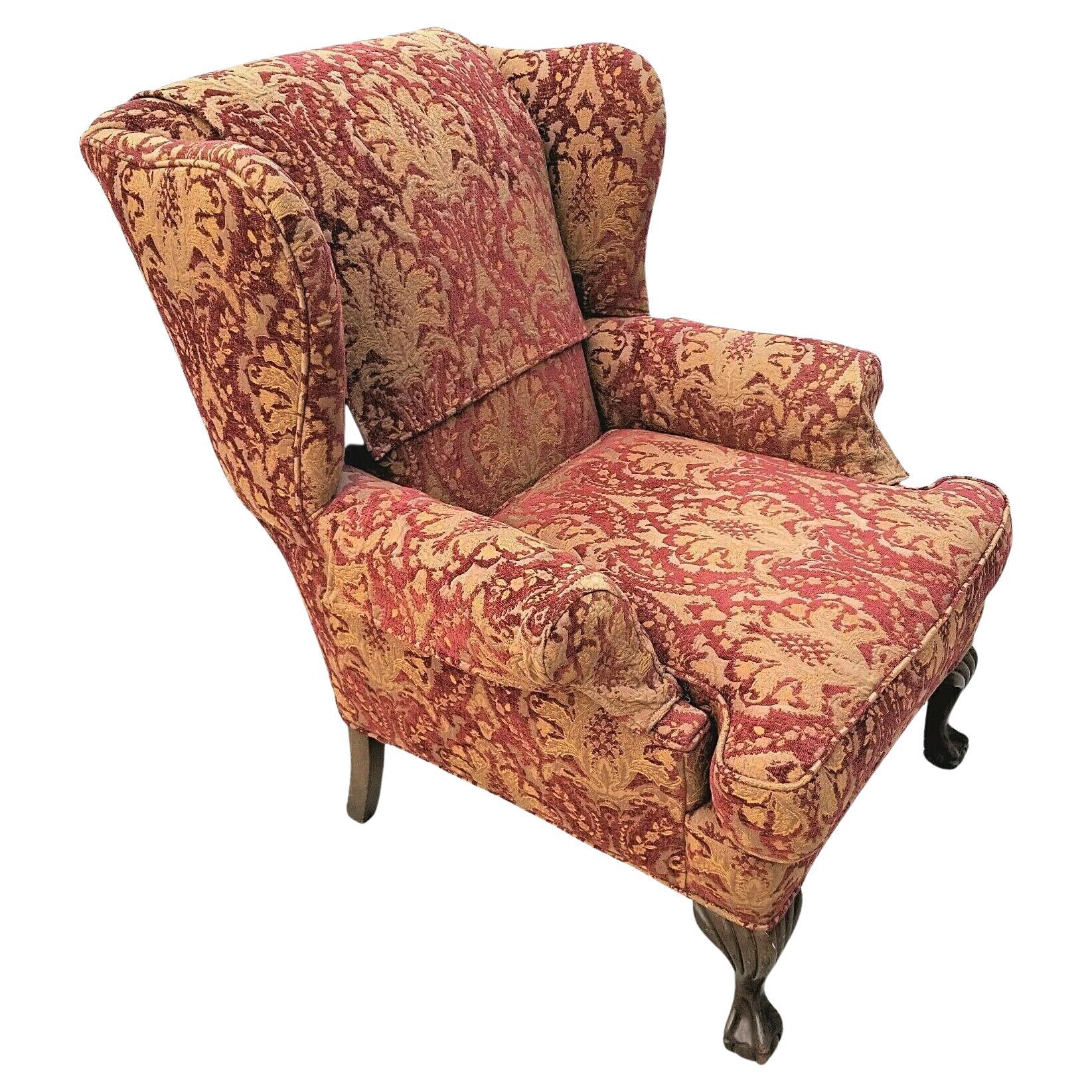 Chippendale Wingback Damask Ball & Claw Down Armchair For Sale