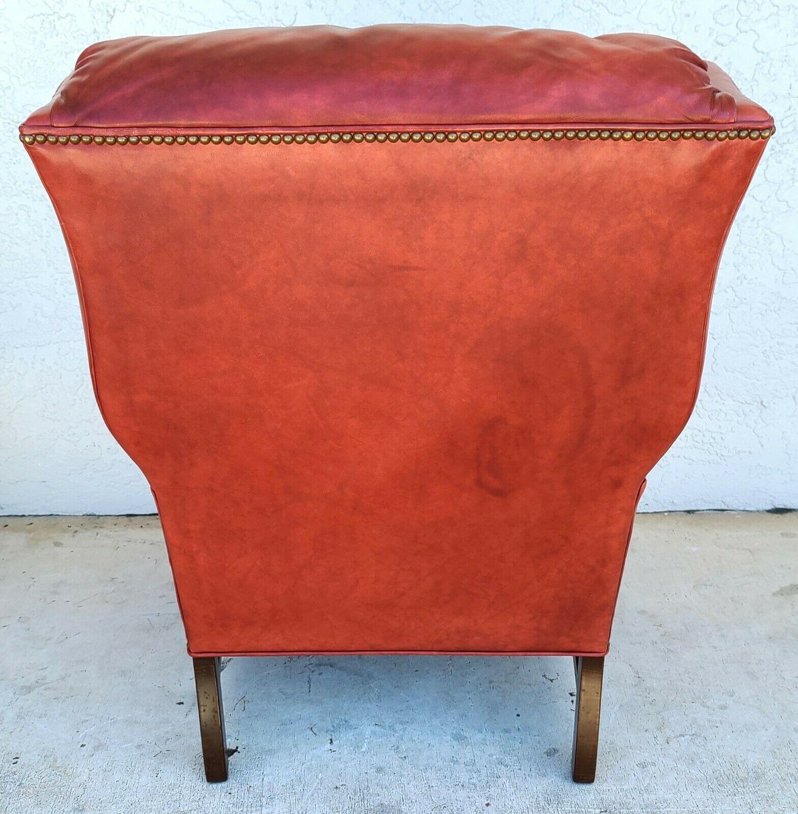 Chippendale Wingback Red Leather Library Reading Chair by Ethan Allen In Good Condition In Lake Worth, FL