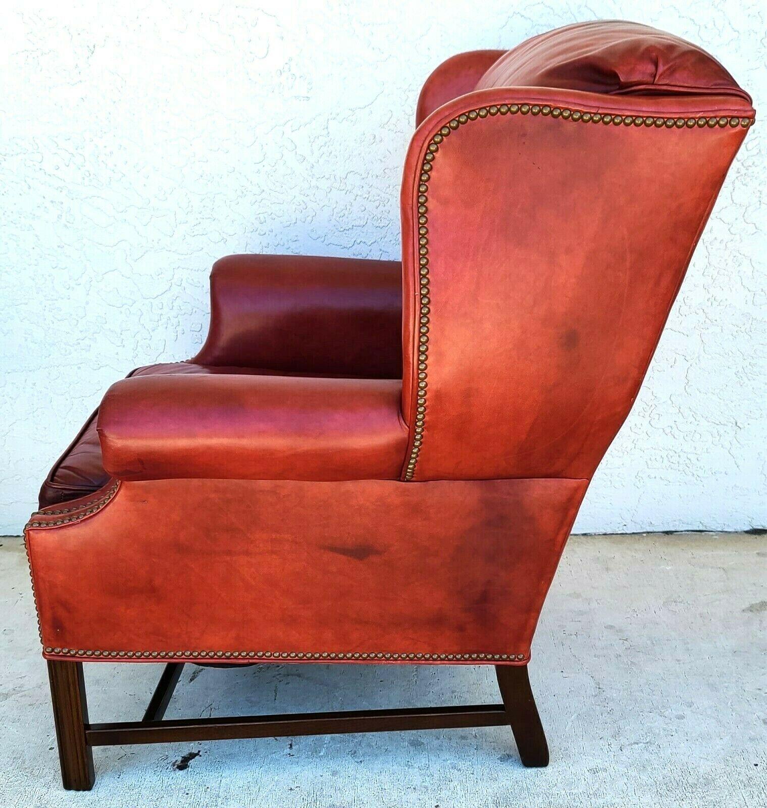 Late 20th Century Chippendale Wingback Red Leather Library Reading Chair by Ethan Allen