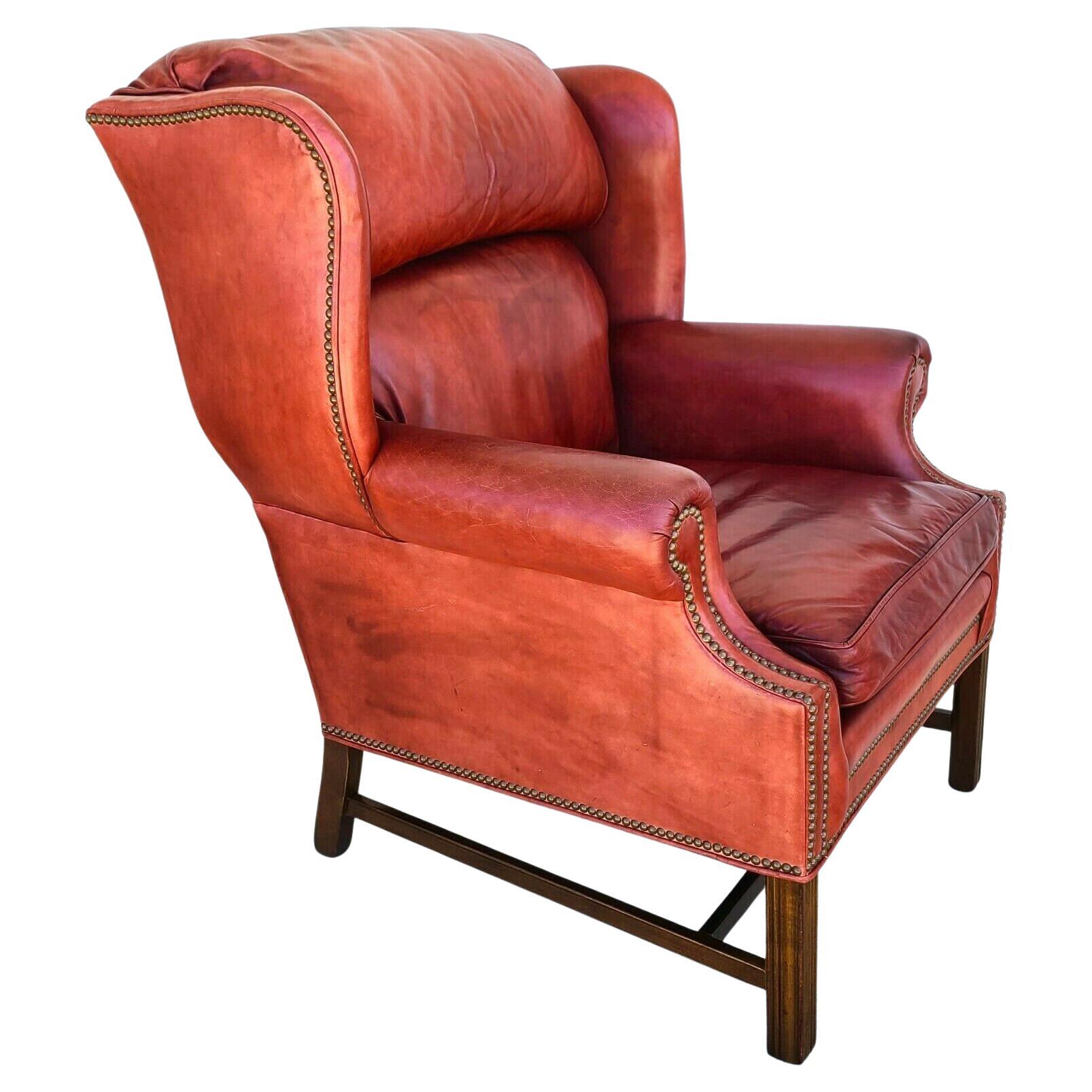 Chippendale Wingback Red Leather Library Reading Chair by Ethan Allen