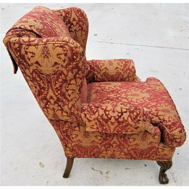 Chippendale Wingback Velvet Damask Ball & Claw Down Armchair In Good Condition For Sale In Lake Worth, FL