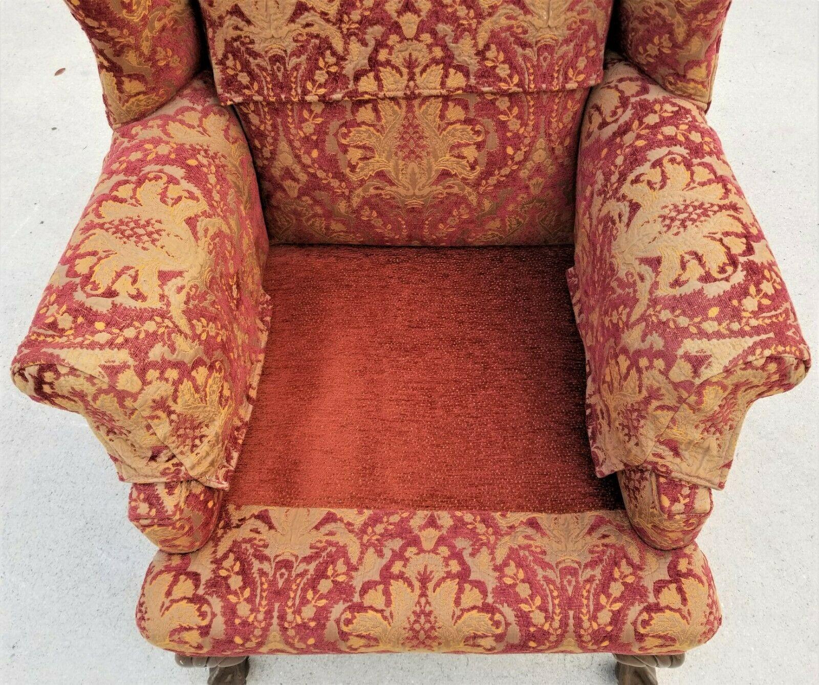 Chippendale Wingback Velvet Damask Ball & Claw Down Armchair For Sale 2