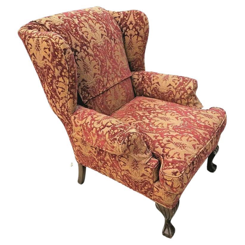 Chippendale Wingback Velvet Damask Ball & Claw Down Armchair For Sale