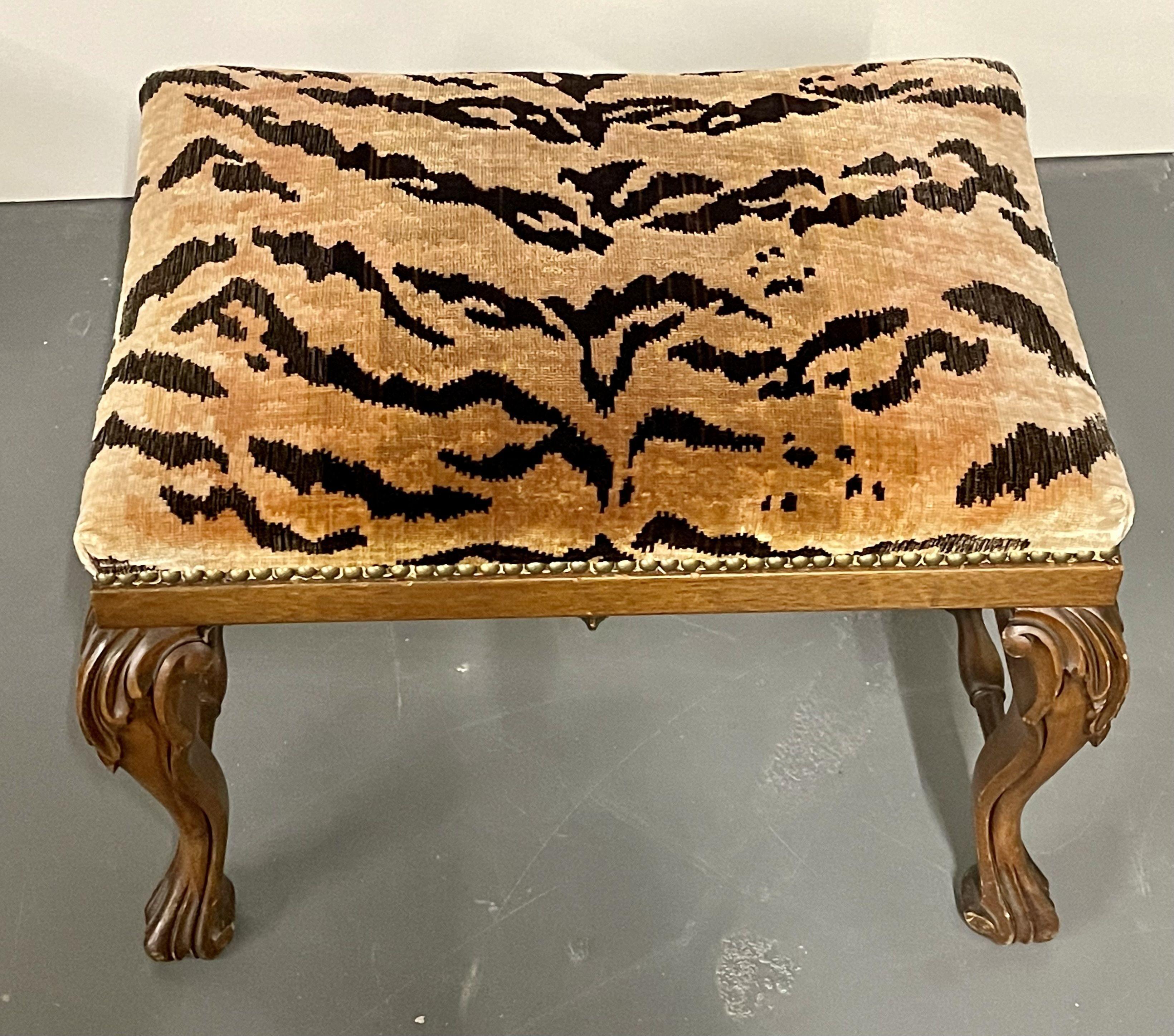 Chippindale Style Leopard Upholstered Foot Stool, Bench, Claw Feet Cabriole Legs In Good Condition In Stamford, CT