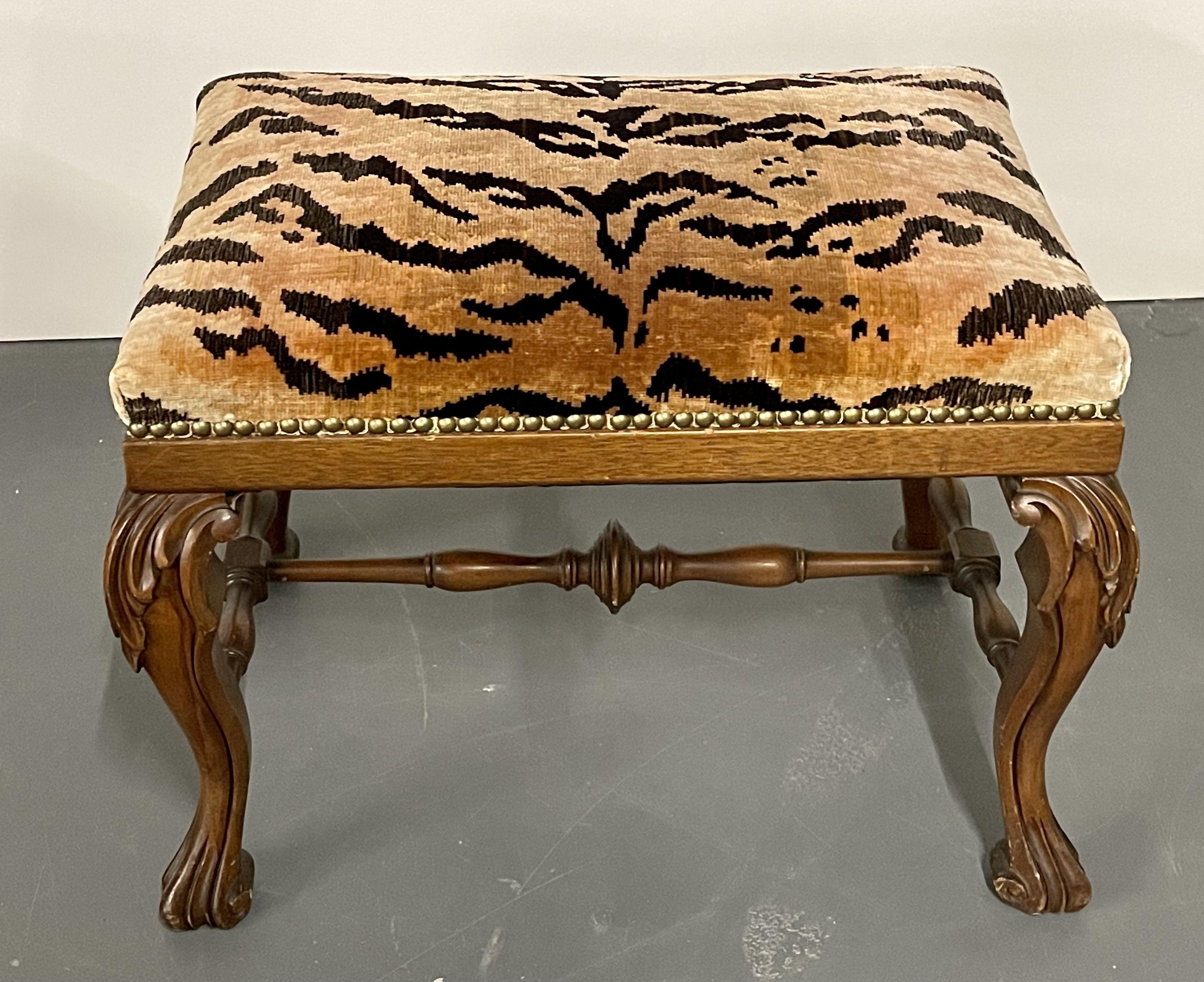 Mid-20th Century Chippindale Style Leopard Upholstered Foot Stool, Bench, Claw Feet Cabriole Legs