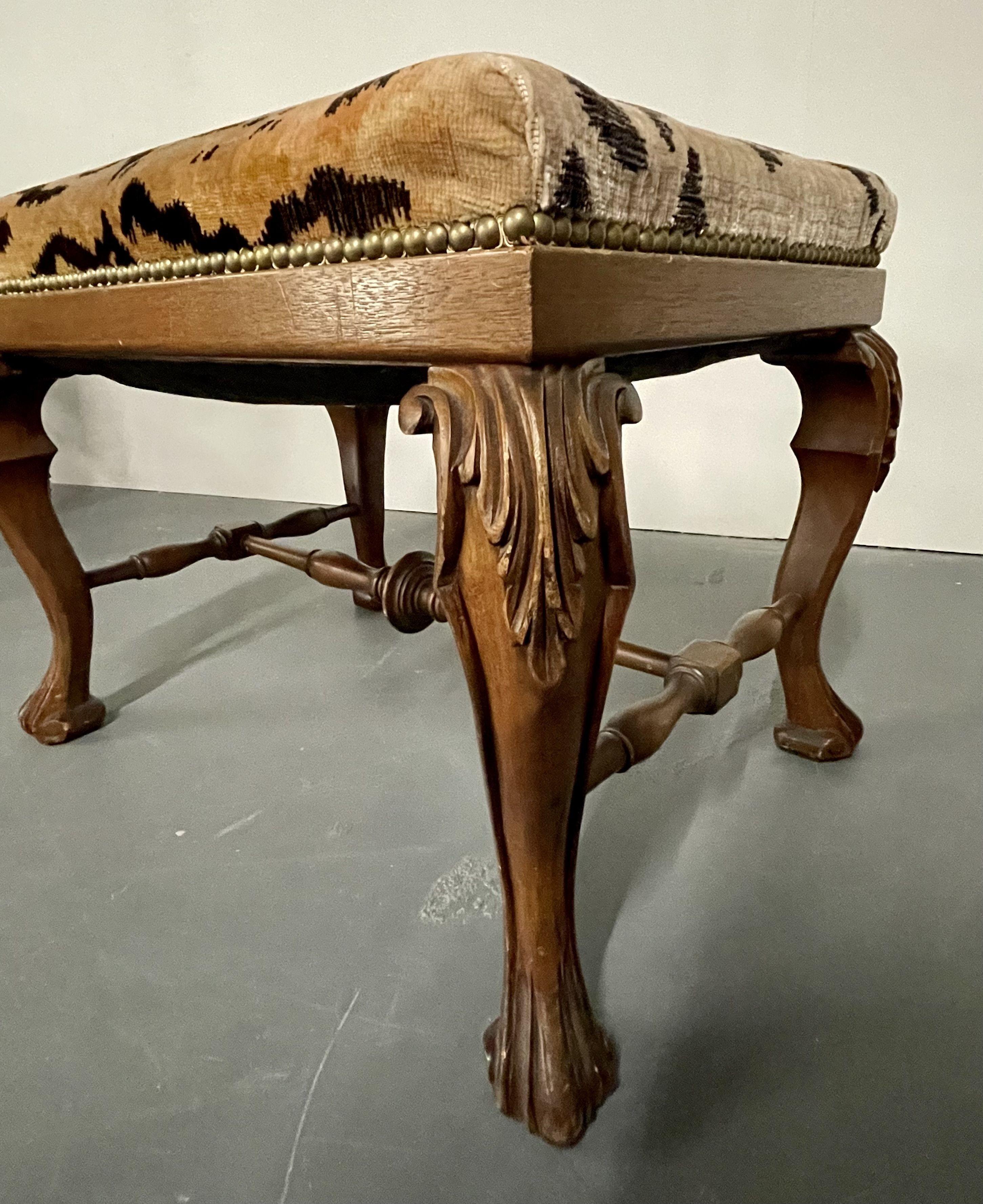 Wood Chippindale Style Leopard Upholstered Foot Stool, Bench, Claw Feet Cabriole Legs