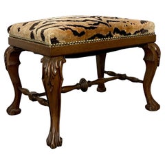 Chippindale Style Leopard Upholstered Foot Stool, Bench, Claw Feet Cabriole Legs