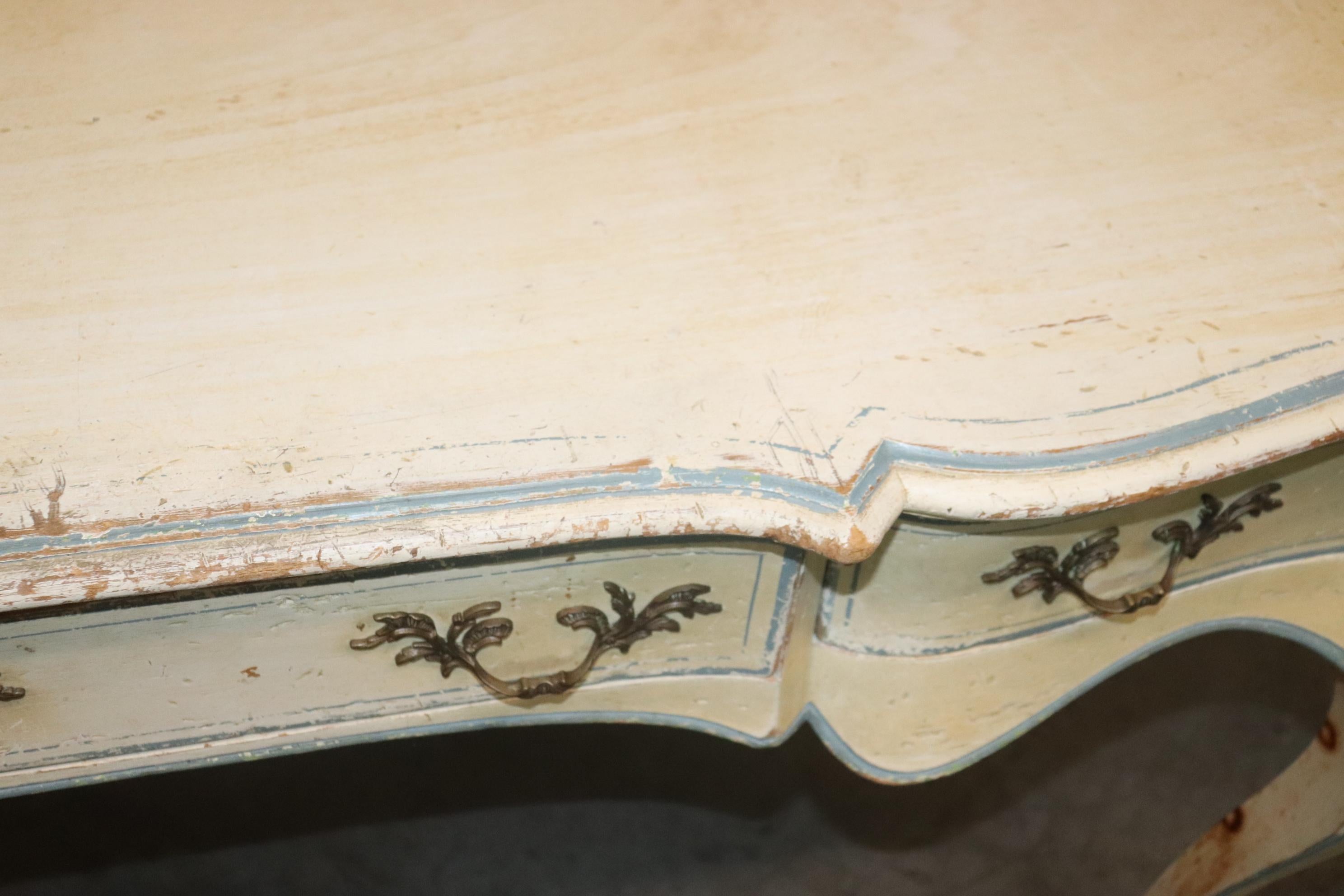 Pine Chippy Paint Decorated French Country Louis XV Writing Desk, circa 1950