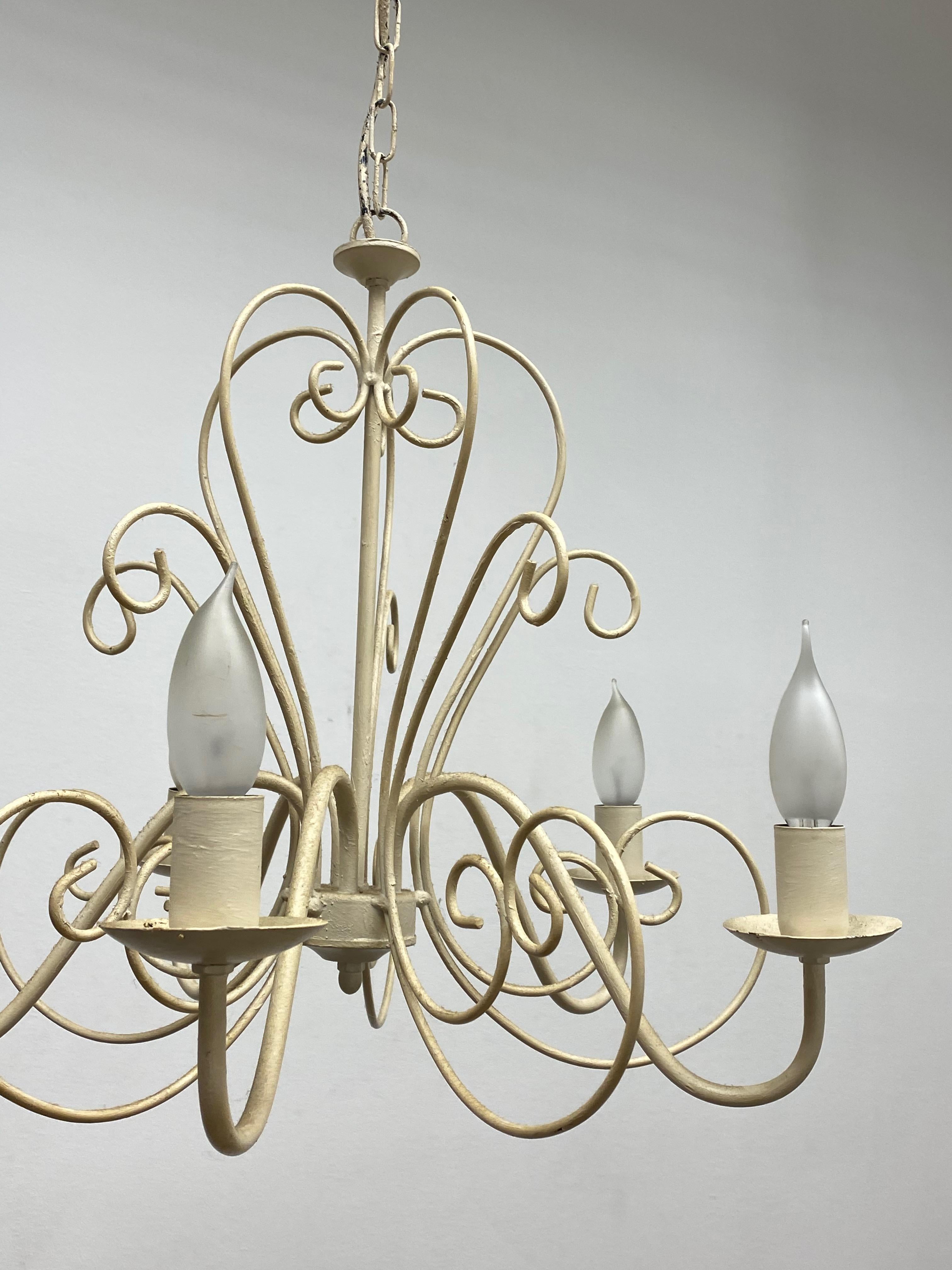 German Chippy White Tole Pendant Chandelier Hollywood Regency Style For Sale