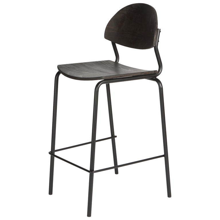 Chips Bar Chair, Black Steel Tube Frame / Black Timber Seat For Sale at