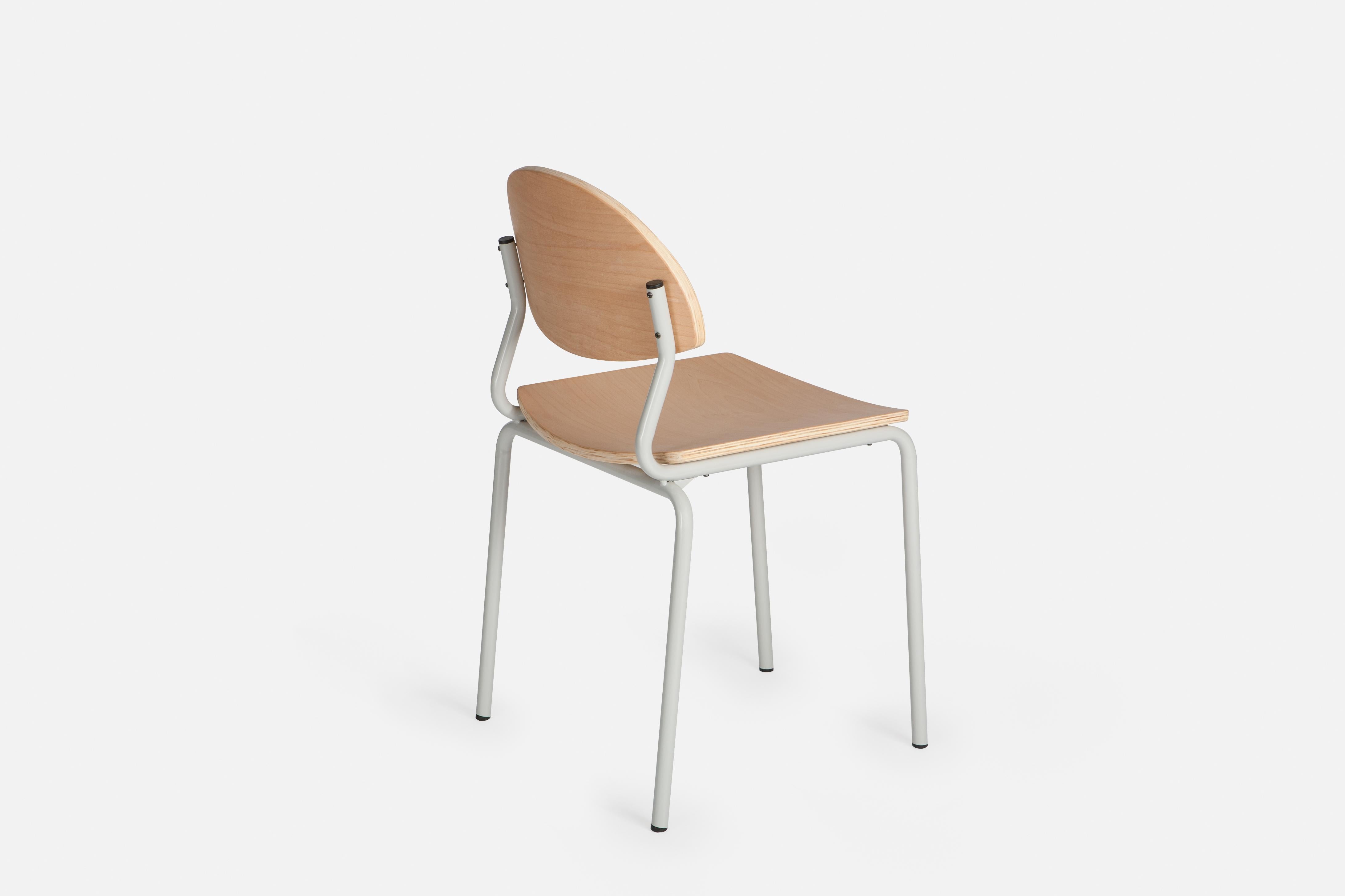 Chips chairs are made from a powder coated steel tube frame, and molded plywood shells with a beech veneer. Chips come in a range of standard frame colors and timber finishes. Custom colored frames can be produced on request.

Designed and