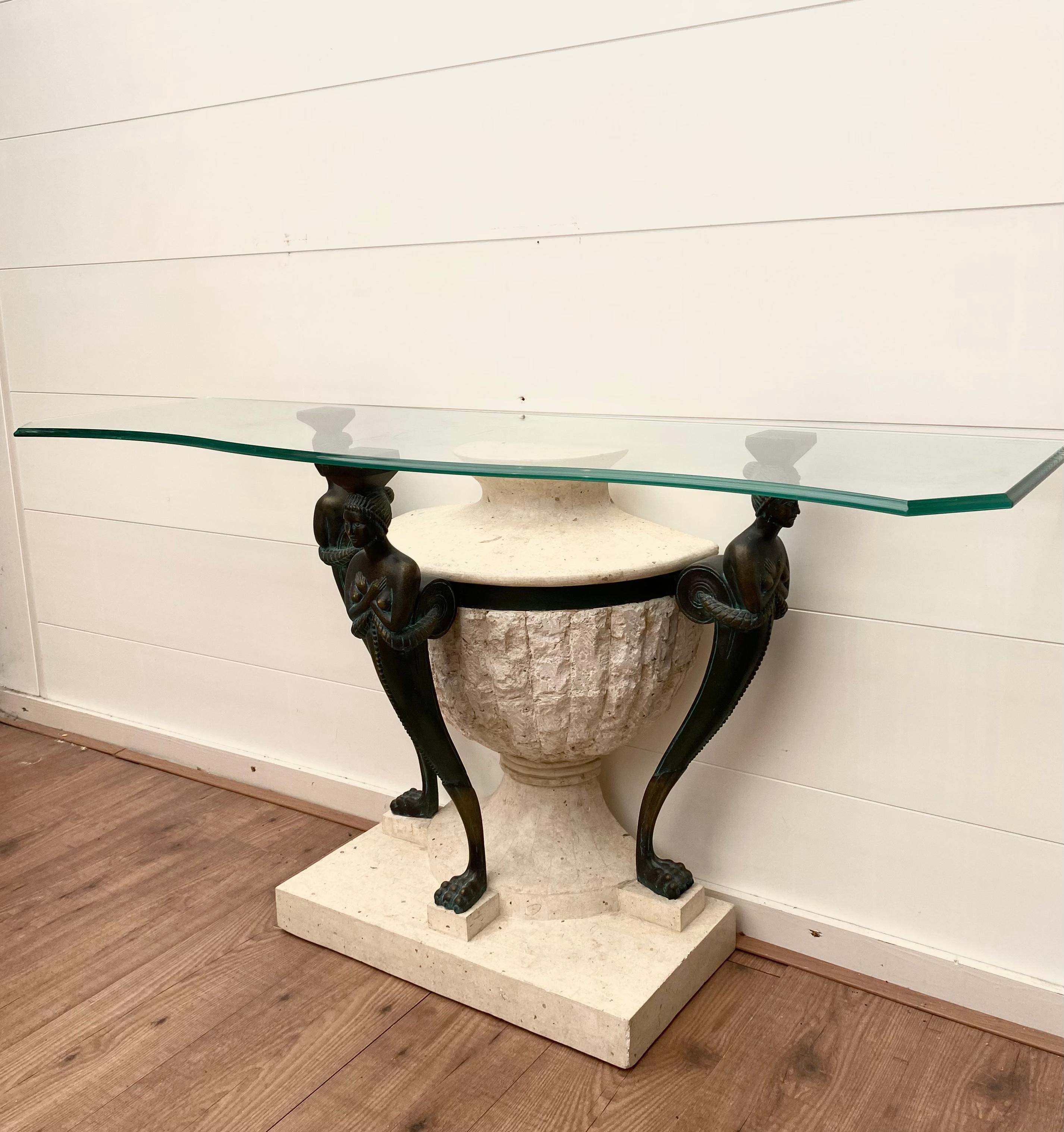 Hollywood Regency Chique Stone and Bronze Look Console table with Toughened Glass Top. For Sale