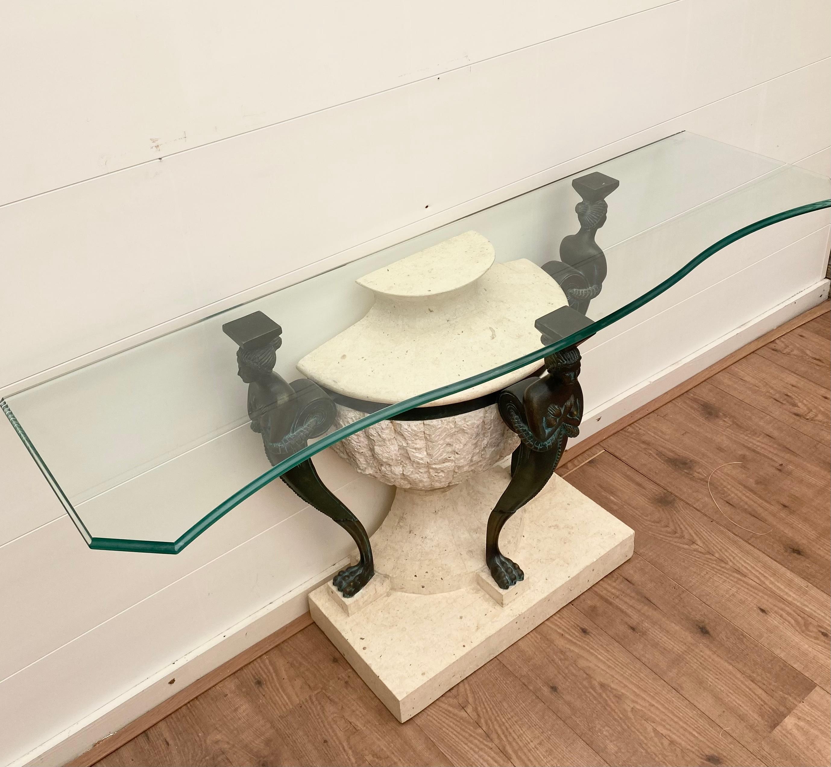 European Chique Stone and Bronze Look Console table with Toughened Glass Top. For Sale