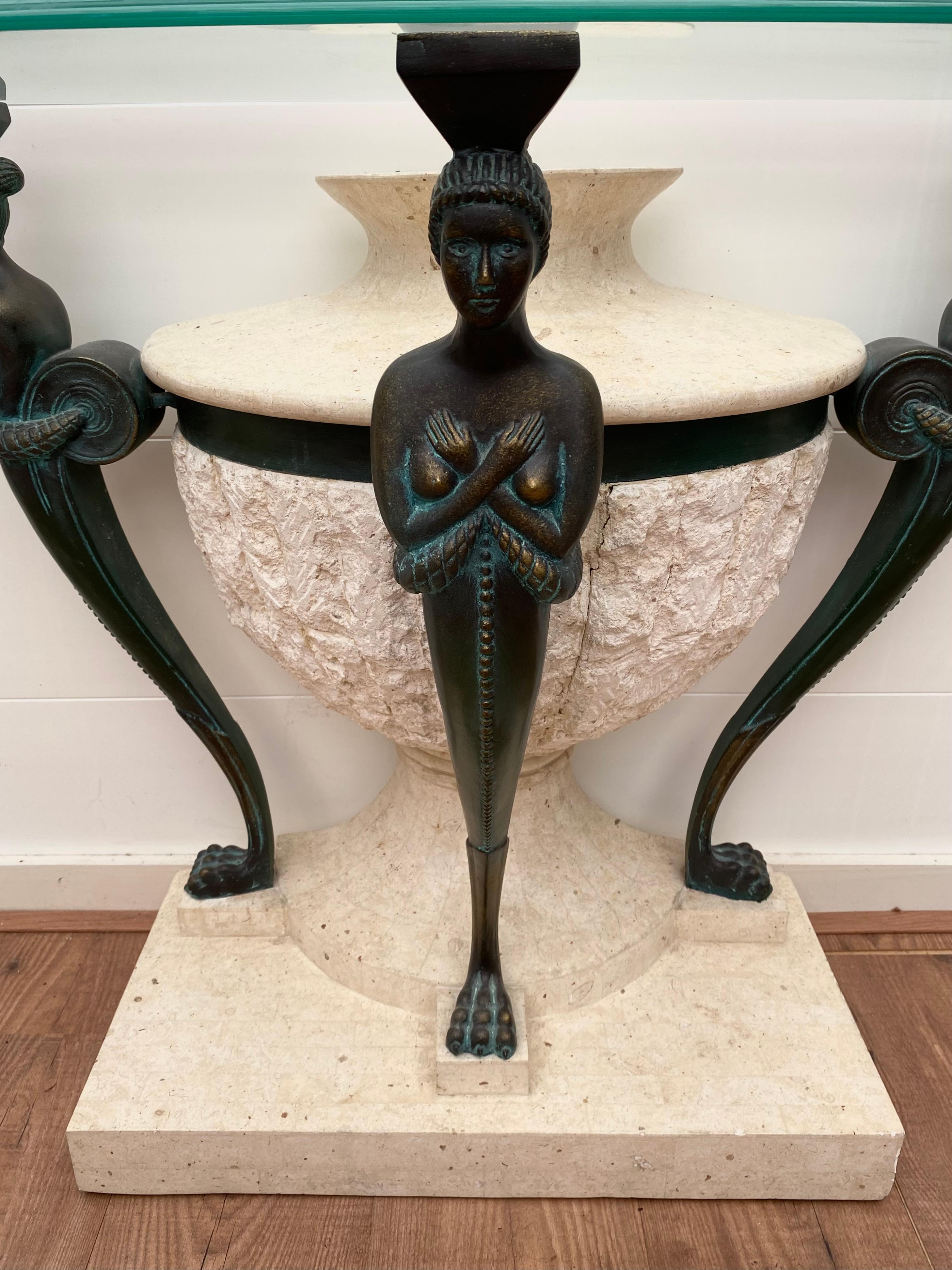 20th Century Chique Stone and Bronze Look Console table with Toughened Glass Top. For Sale