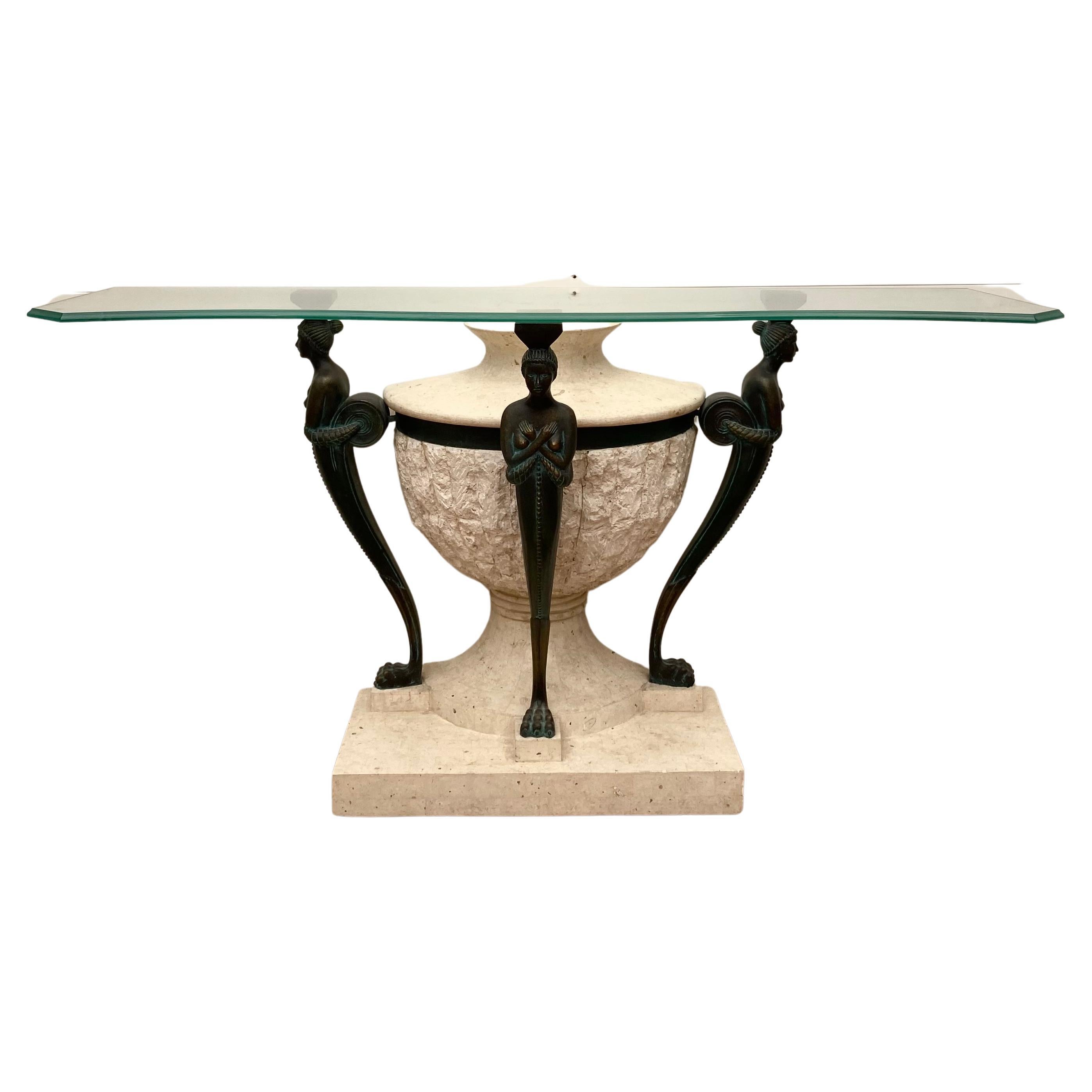 Chique Stone and Bronze Look Console table with Toughened Glass Top. For Sale