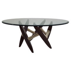 Runder 40-Zoll-Couchtisch mit Glasplatte und Holzsockel