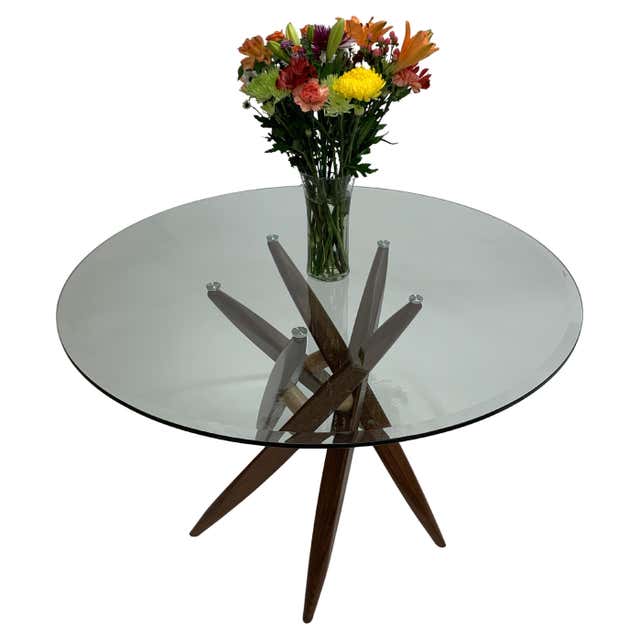 Round 40-Inch Glass-Top Coffee Table with Wood Base For Sale at 1stDibs