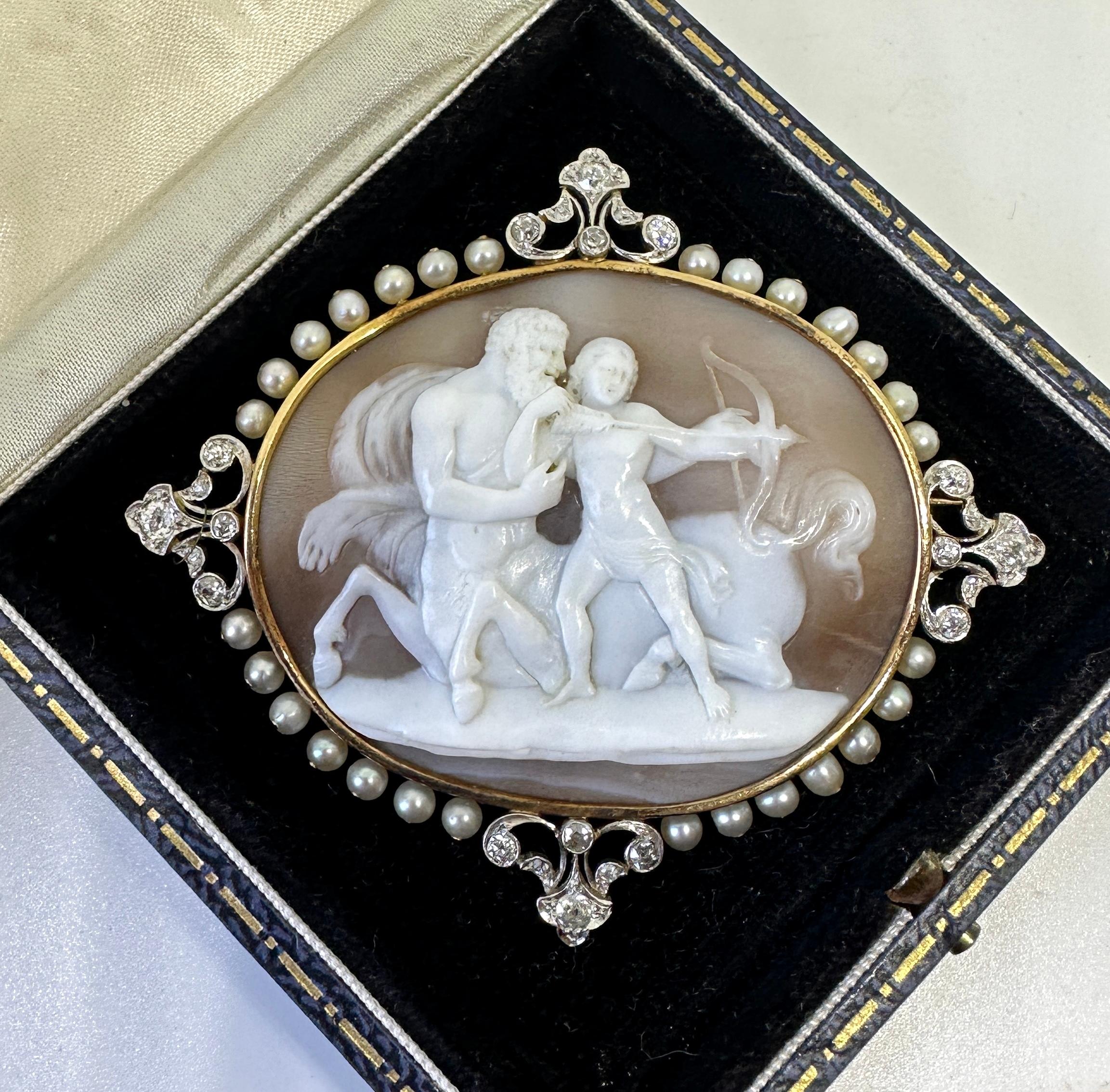Belle Époque Chiron and Achilles Centaur Cameo Brooch 24 Old Mine Diamonds Platinum Pearls For Sale