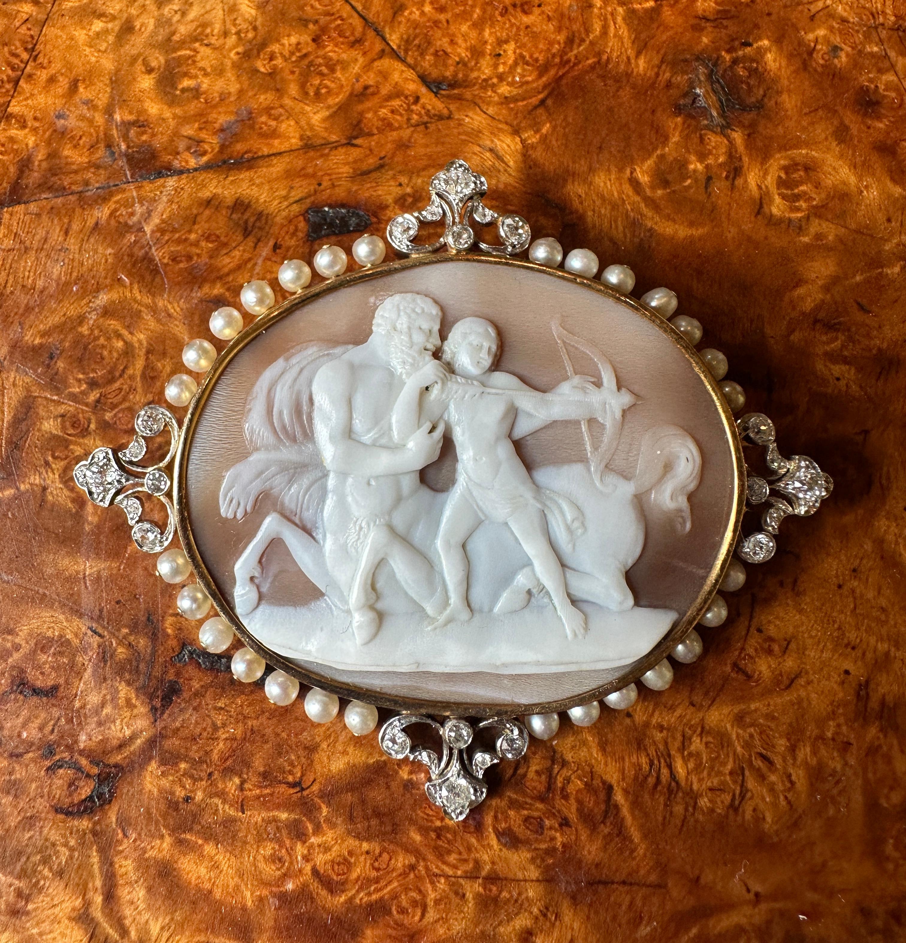 Old Mine Cut Chiron and Achilles Centaur Cameo Brooch 24 Old Mine Diamonds Platinum Pearls For Sale