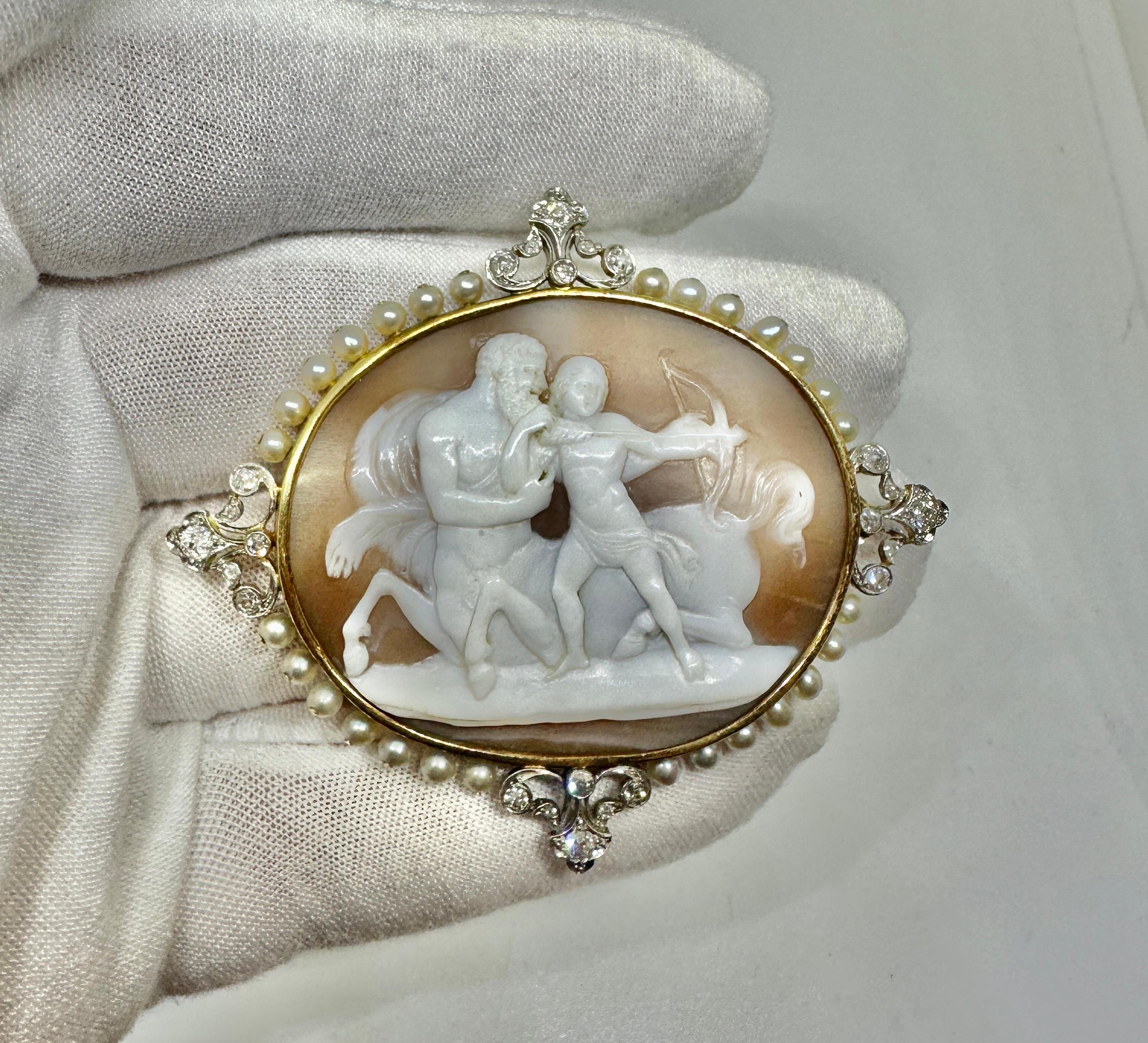 Chiron and Achilles Centaur Cameo Brooch 24 Old Mine Diamonds Platinum Pearls In Excellent Condition For Sale In New York, NY