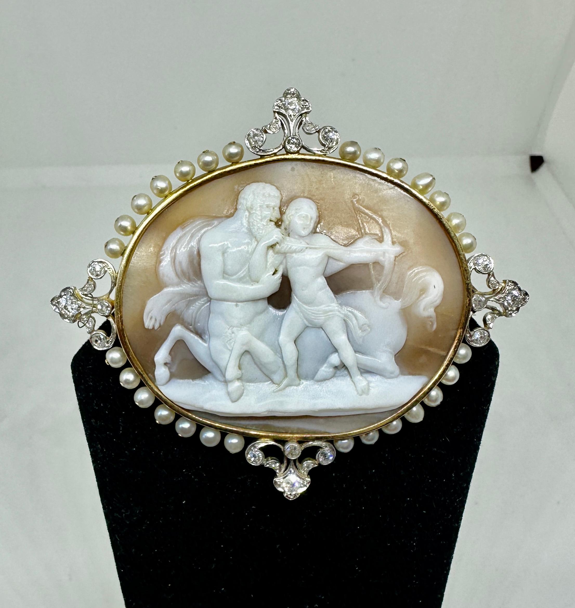 Women's or Men's Chiron and Achilles Centaur Cameo Brooch 24 Old Mine Diamonds Platinum Pearls For Sale