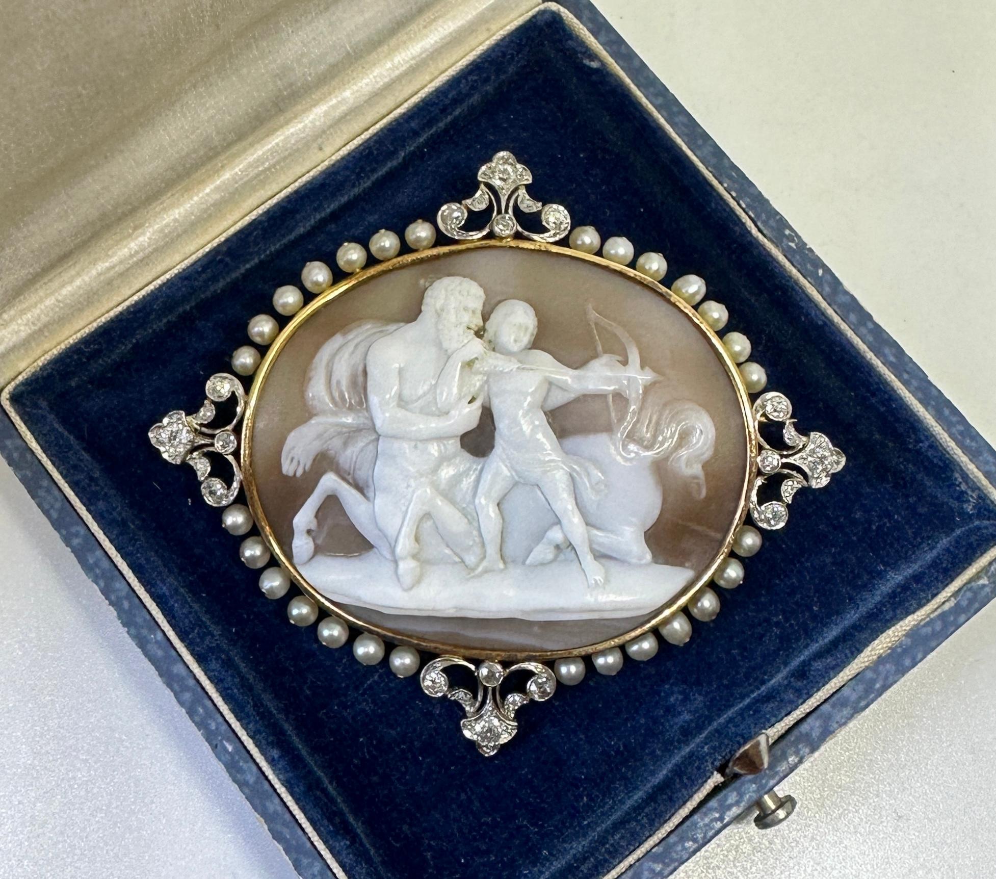 Chiron and Achilles Centaur Cameo Brooch 24 Old Mine Diamonds Platinum Pearls For Sale 1