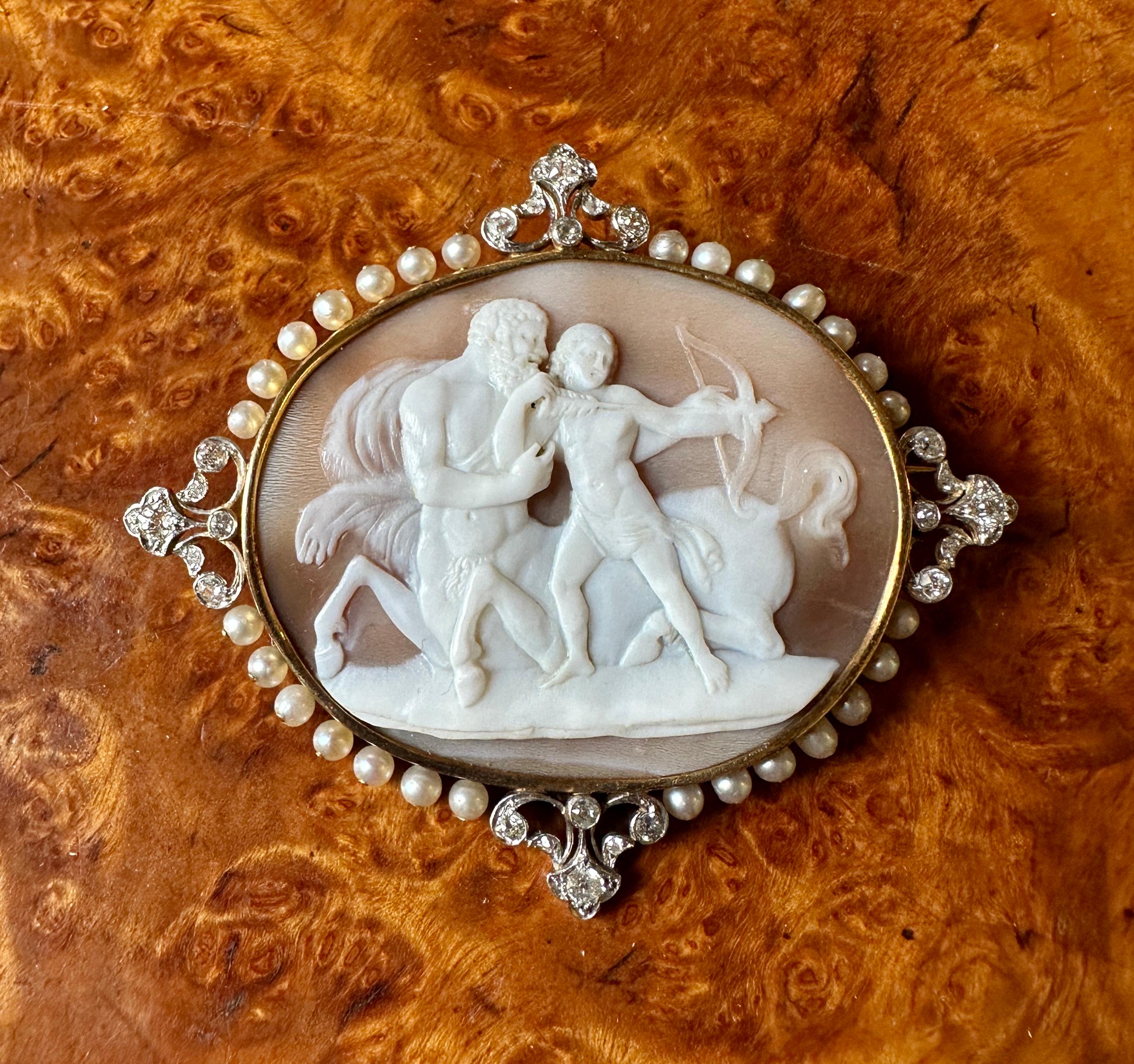 Chiron and Achilles Centaur Cameo Brooch 24 Old Mine Diamonds Platinum Pearls For Sale 3