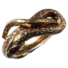 Antique Chiseled 18k Yellow Plain Gold Snake Ring with Ruby Eyes
