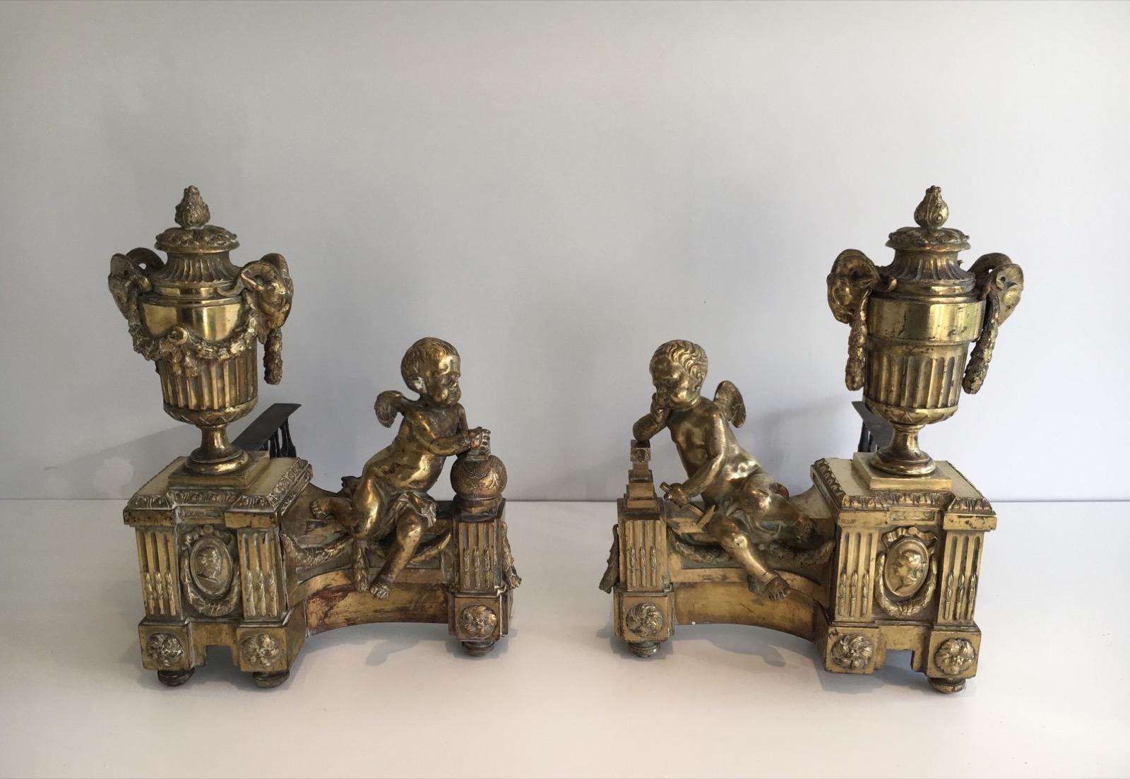 Louis XVI Chiseled Bronze Andirons Representing Mars Holding Helmet and Vulcan an Anvil For Sale