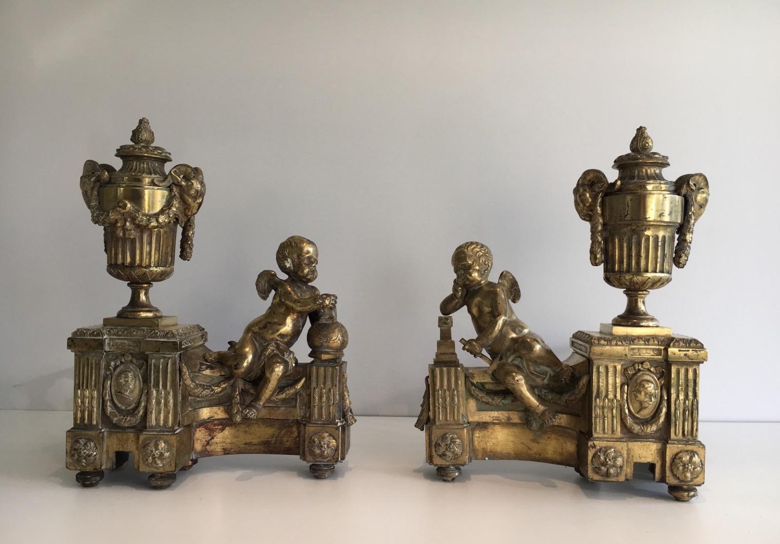 French Chiseled Bronze Andirons Representing Mars Holding Helmet and Vulcan an Anvil For Sale
