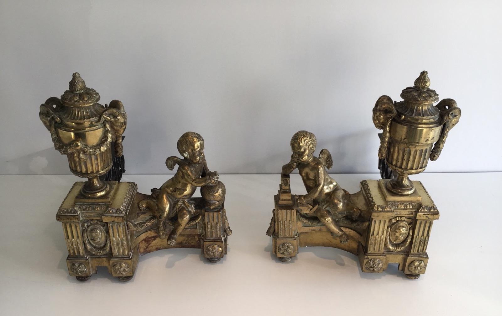 18th Century and Earlier Chiseled Bronze Andirons Representing Mars Holding Helmet and Vulcan an Anvil For Sale